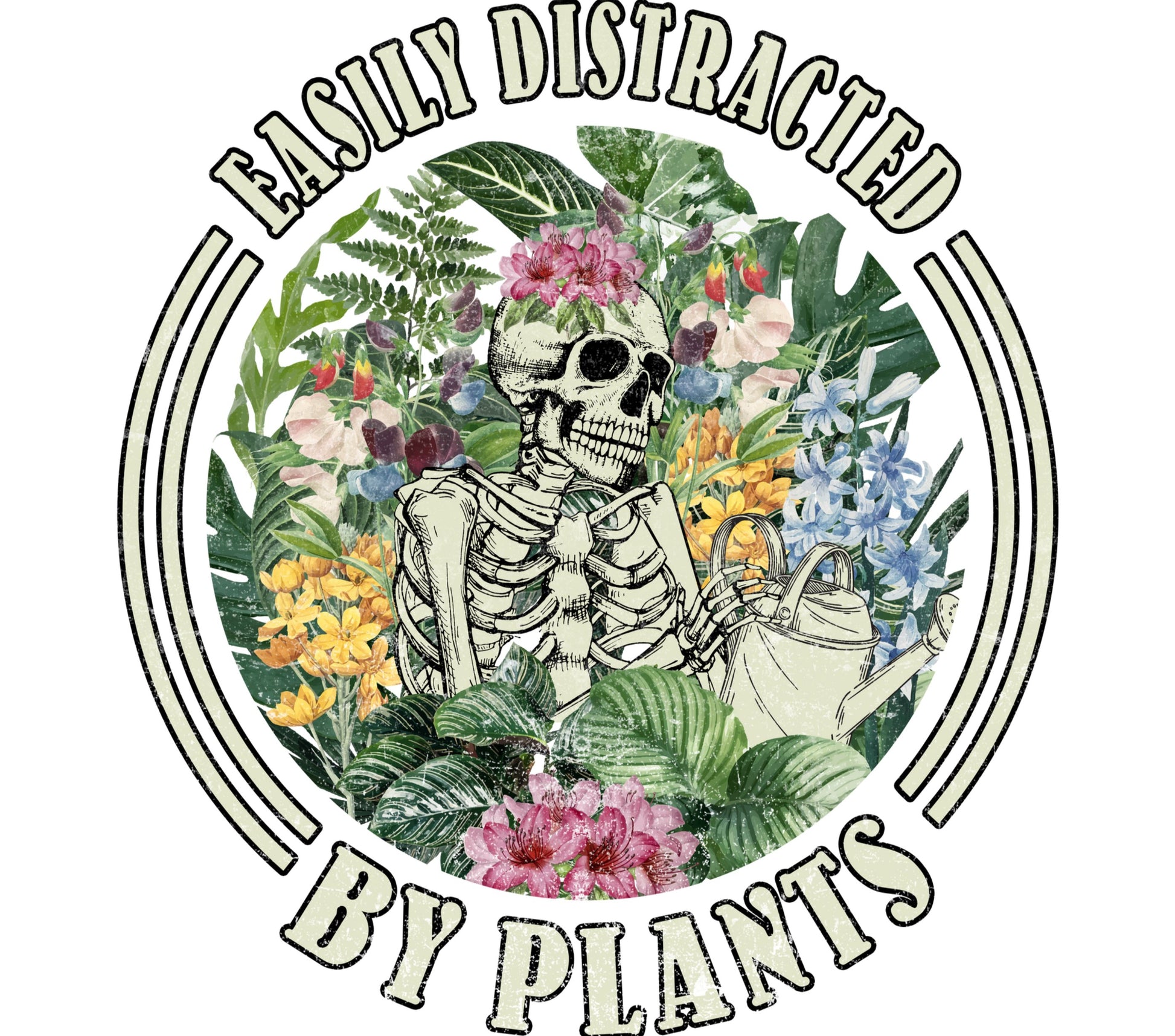 Vintage Skeleton Floral Print T-Shirt, Easily Distracted by Plants Graphic Tee, Botanical Garden Lover Gift