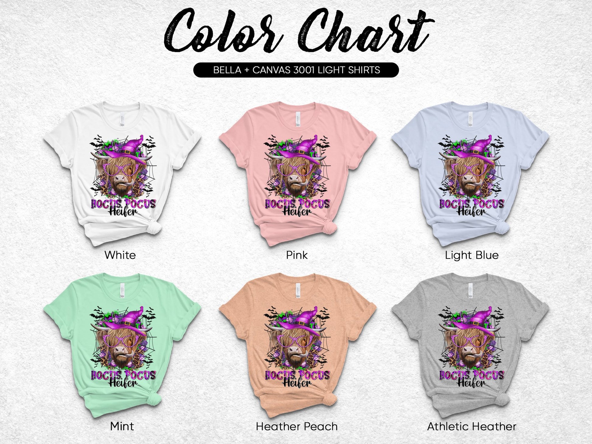 Boho Hocus Pocus Witch Design T-Shirts, Bella Canvas 3001, Color Chart Options Available