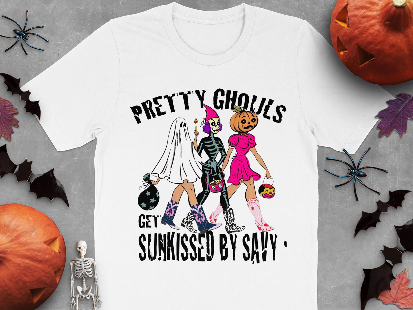 Women's Halloween T-Shirt, Pretty Ghouls Graphic Tee, Spooky Cute Top, Holiday Fashion, October Trick or Treat Outwear.
