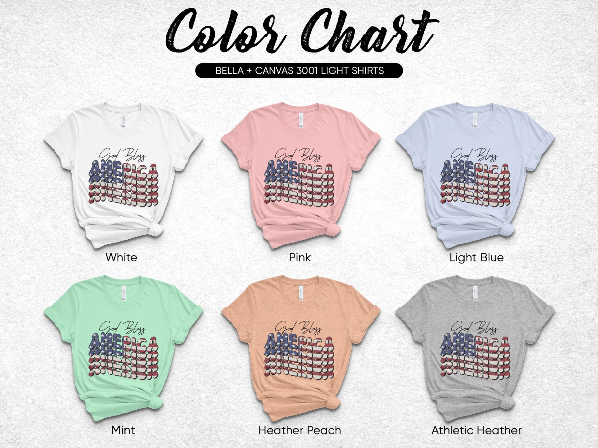Bella Canvas 3001 T-Shirt Color Chart, USA Flag Design, Light Shirts in White, Pink, Blue, Mint, Heather Peach