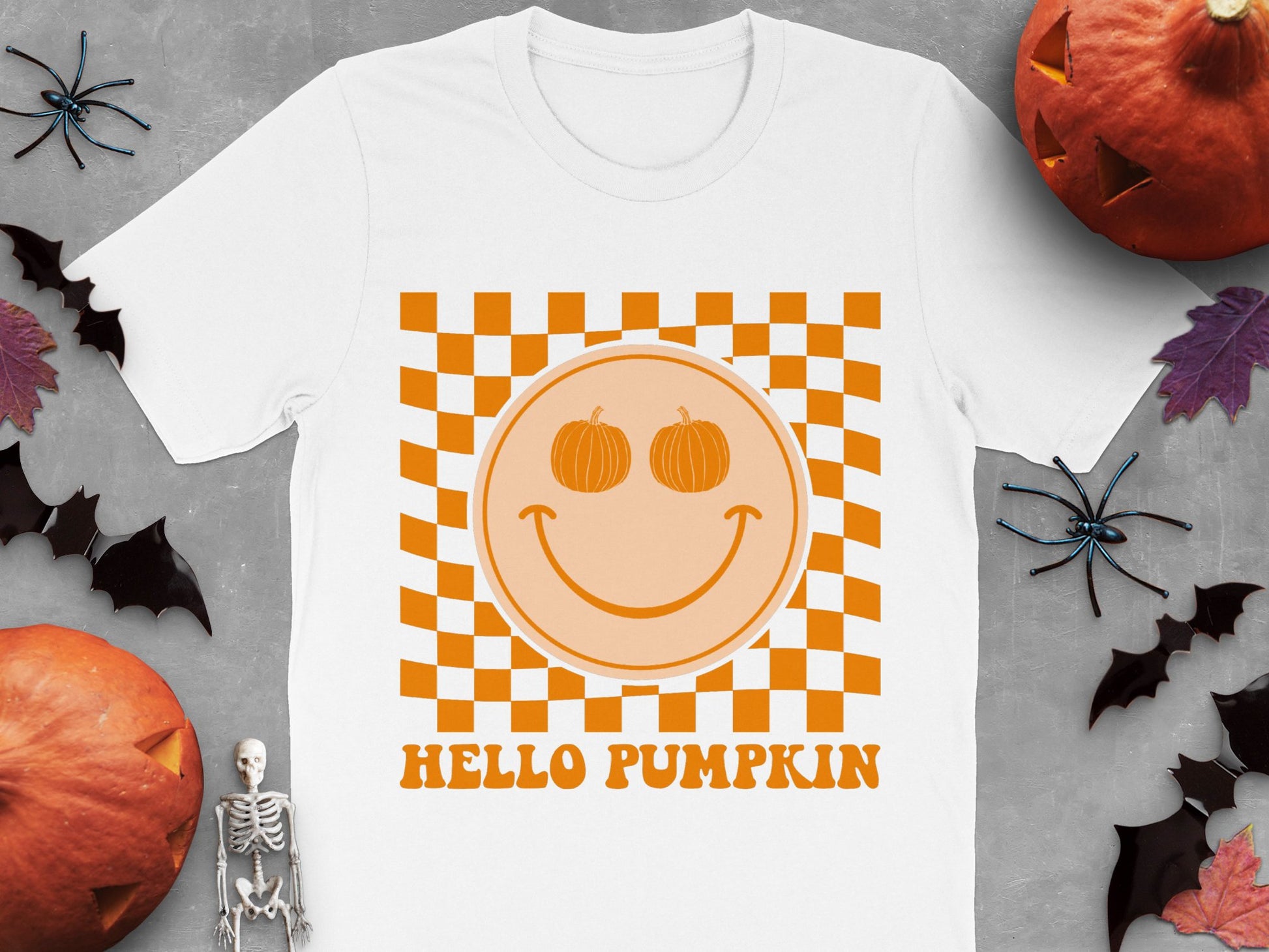 Halloween Pumpkin Smile T-Shirt, Autumn Orange Checkered Design, Casual Fall Fashion Top, Unisex Graphic Tee
