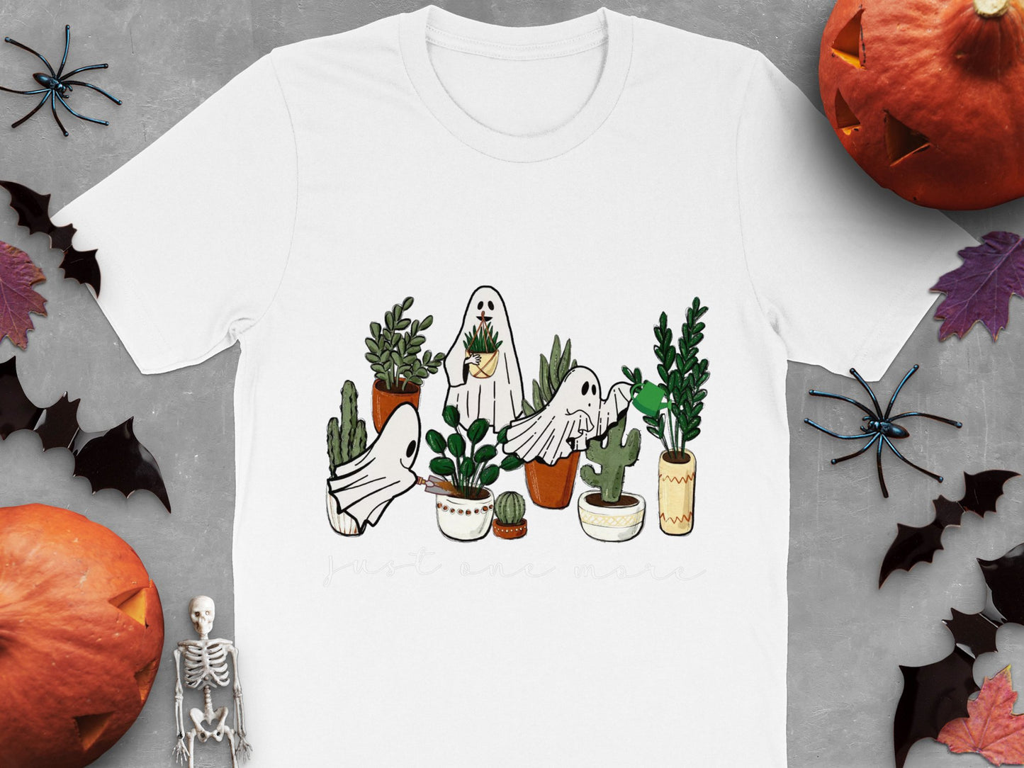 Halloween Themed T-Shirt, Spooky Ghosts and Plants Graphic, Unisex White Tee for All Ages
