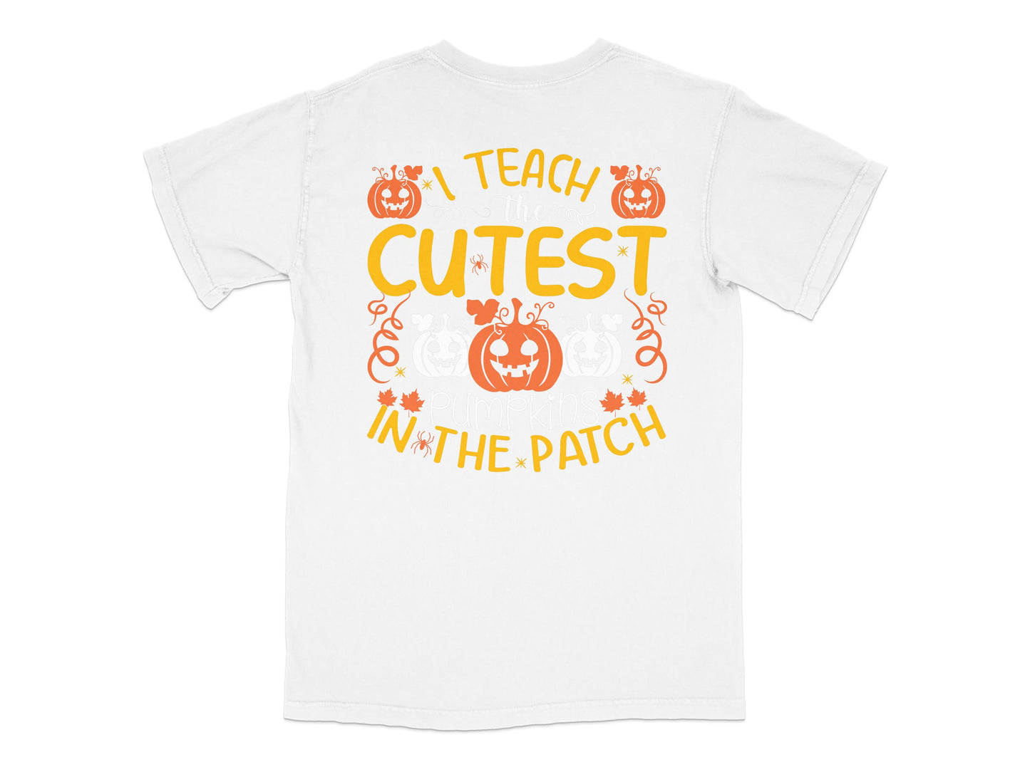 Cute Halloween Teacher T-Shirt, 'Teach the Cutest in the Patch', Fall Pumpkin Design, Unisex White Tee
