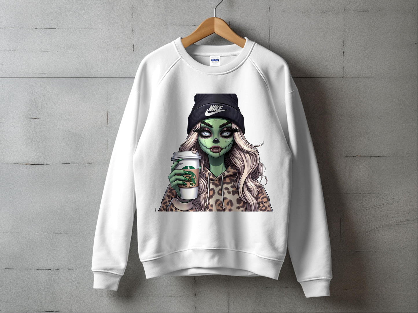 Zombie Girl Graphic Sweatshirt, Trendy Coffee Lover Crewneck, Unique Leopard Print Urban Streetwear Pullover