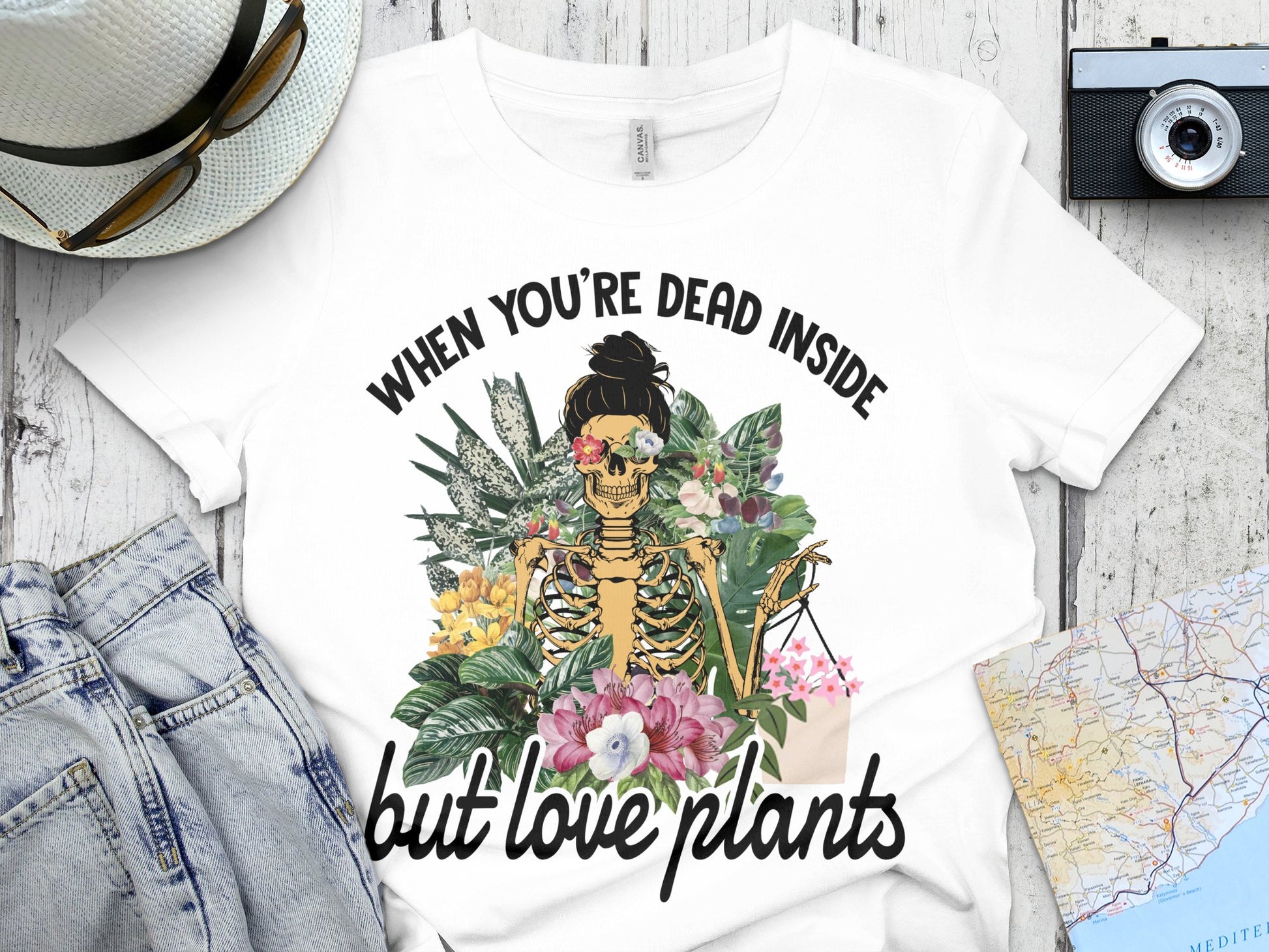 Women's Skeleton Graphic Tee, Funny Plant Lover T-Shirt, Quirky Floral Skull Design, Casual Style Top