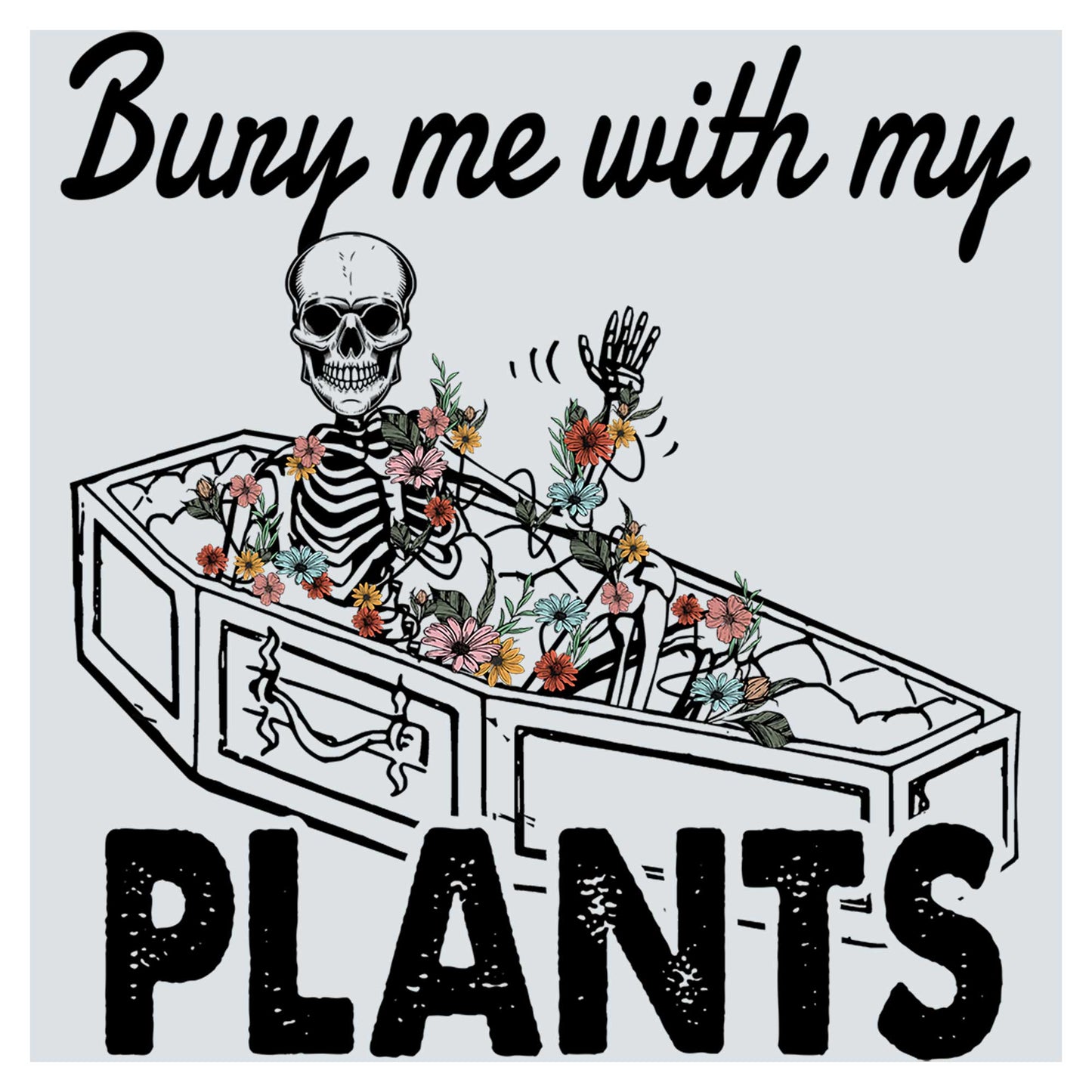 a skeleton sitting in a planter with flowers