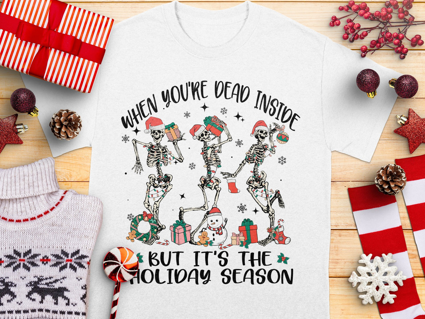 Funny Skeleton Christmas T-Shirt, Dead Inside Holiday Season Graphic Tee, Festive Winter Apparel