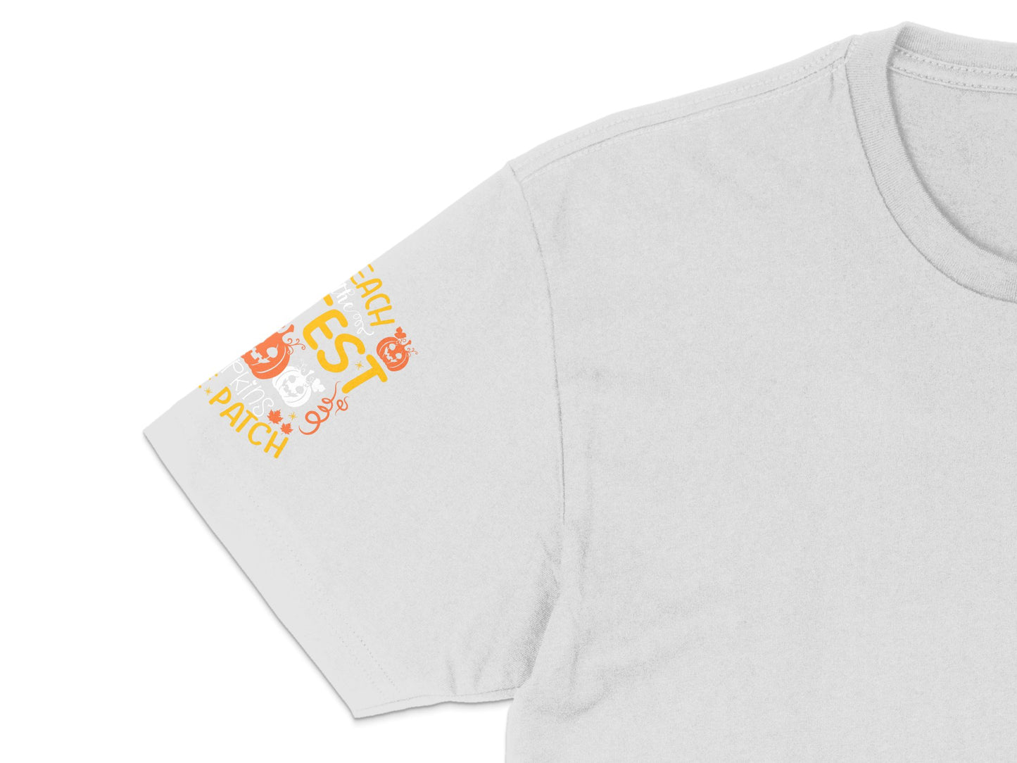 White T-Shirt with Orange and Yellow Patch Design, Casual Summer Tee, Unisex Fashion Top