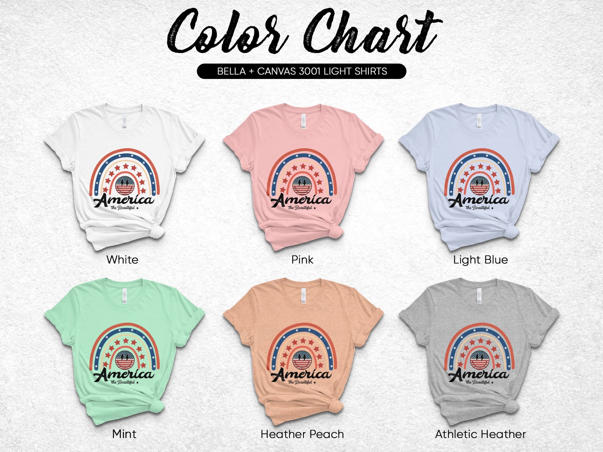 America Retro T-Shirt Color Chart, Bella Canvas 3001, Unisex Light Shirts Variety