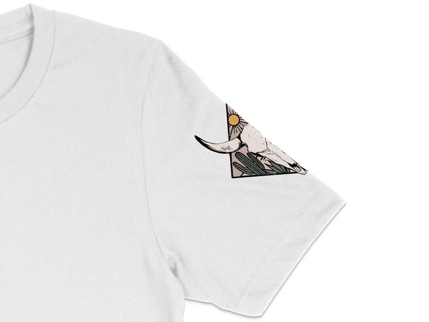 White T-shirt with Abstract Mountain Sun Design, Modern Graphic Tee, Unisex Artistic Casual Wear