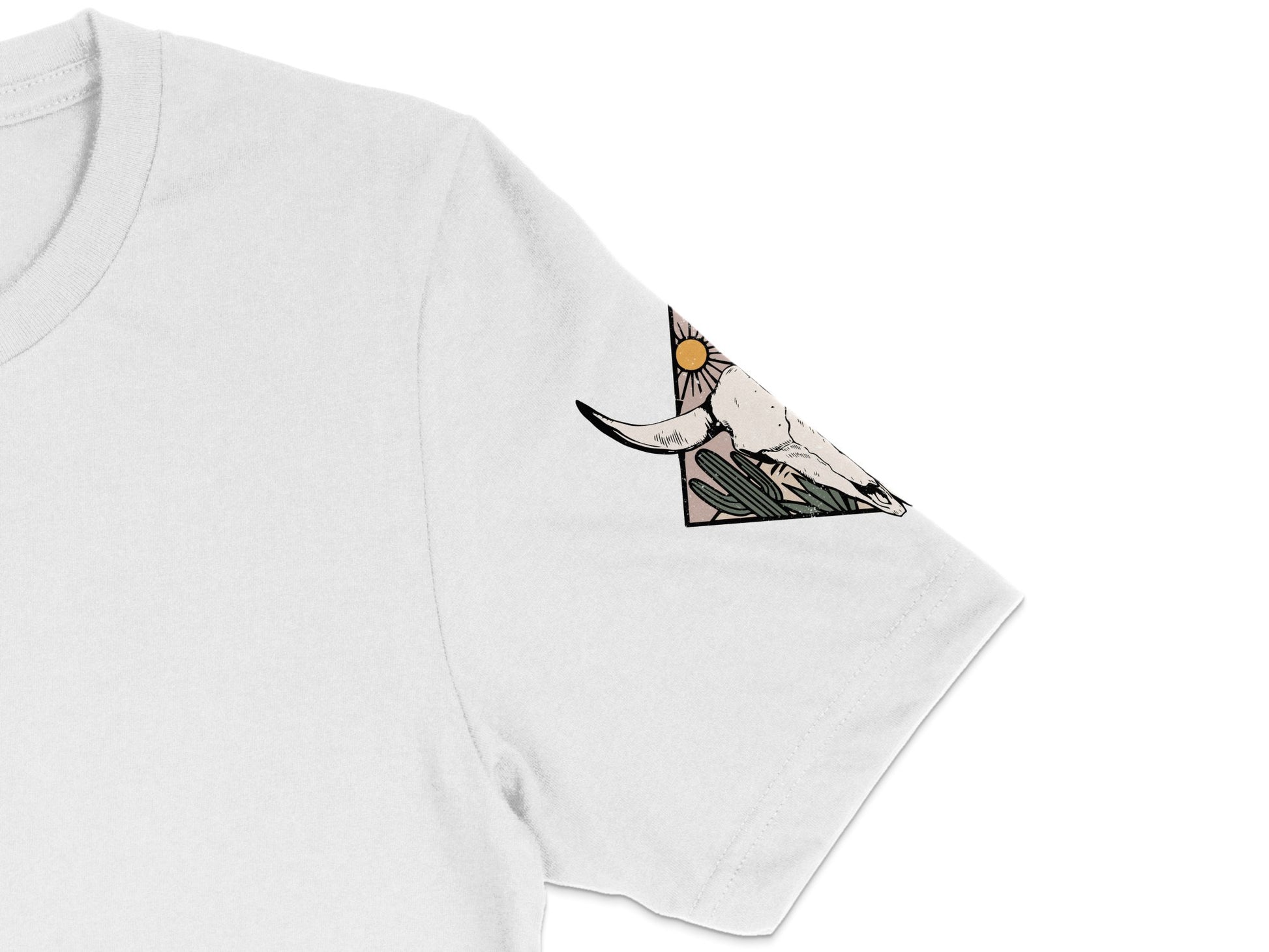 White T-shirt with Abstract Mountain Sun Design, Modern Graphic Tee, Unisex Artistic Casual Wear