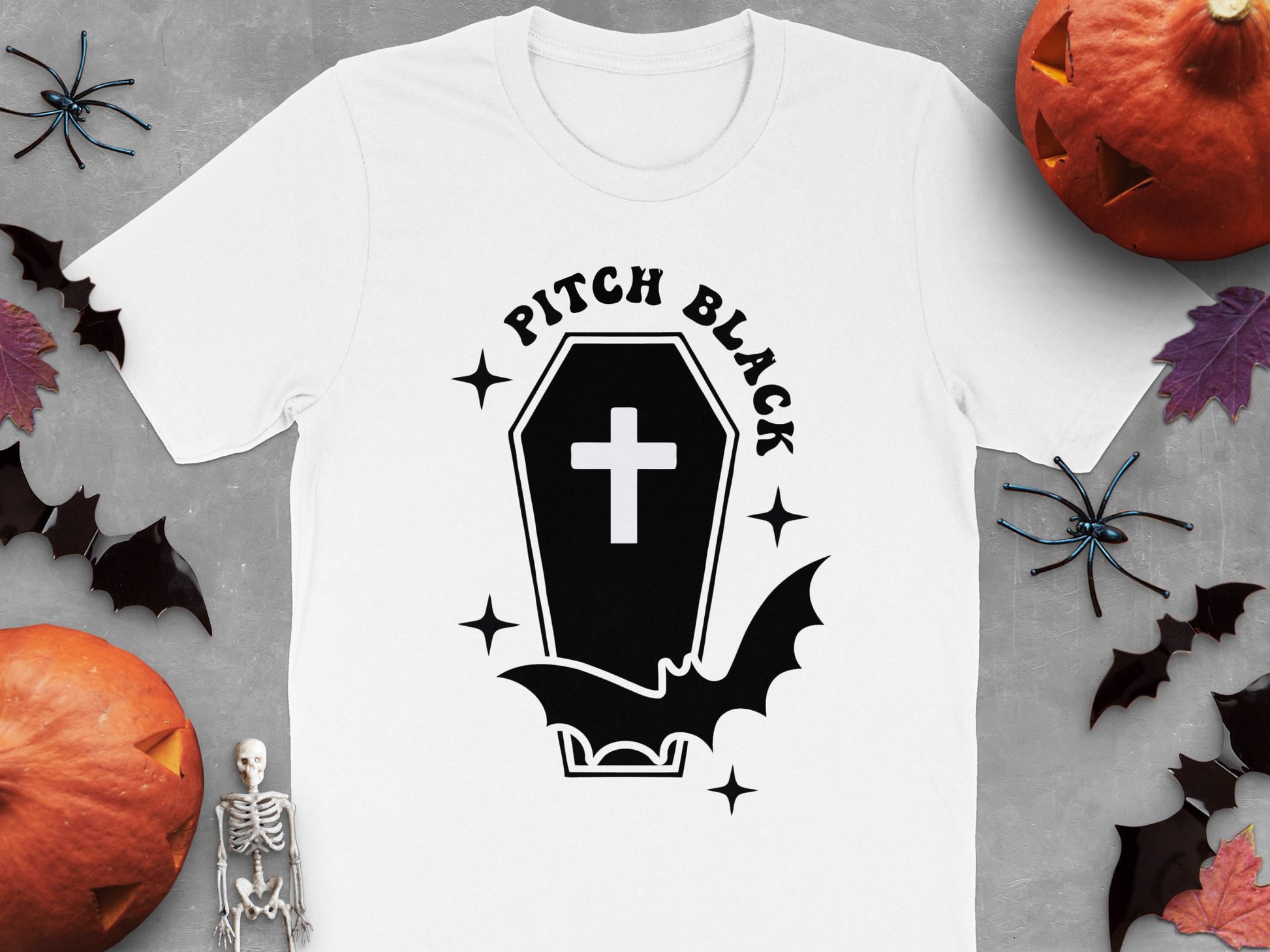 Pitch Black Coffin and Bat Design Halloween T-Shirt, Spooky Fall Apparel, Unisex Adult Casual Tee