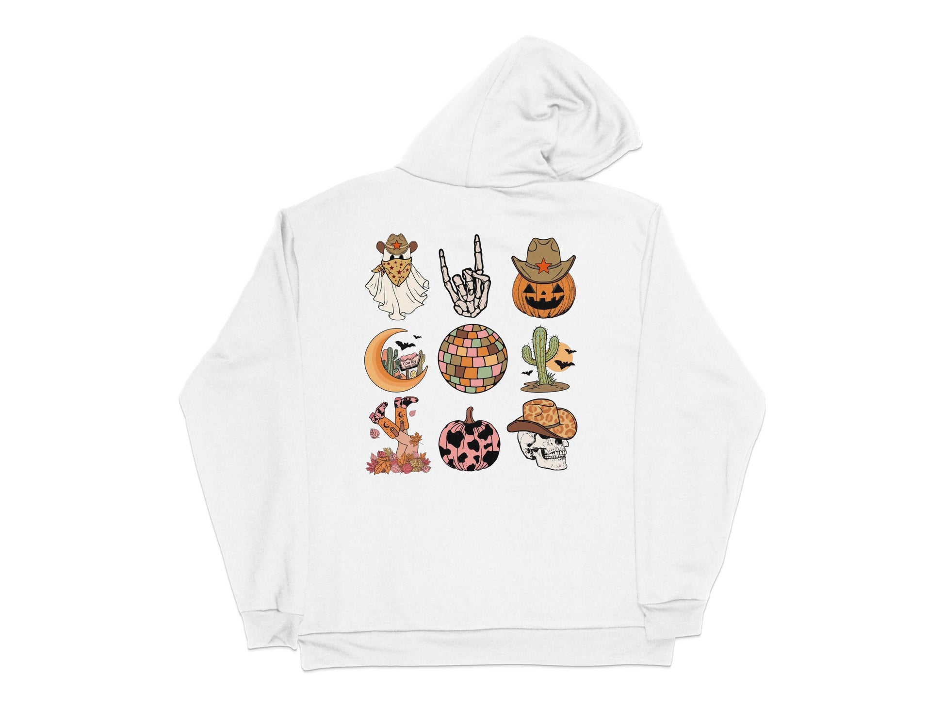 Halloween Themed Hoodie with Pumpkin, Ghost, Witch Designs Unisex White Sweatshirt