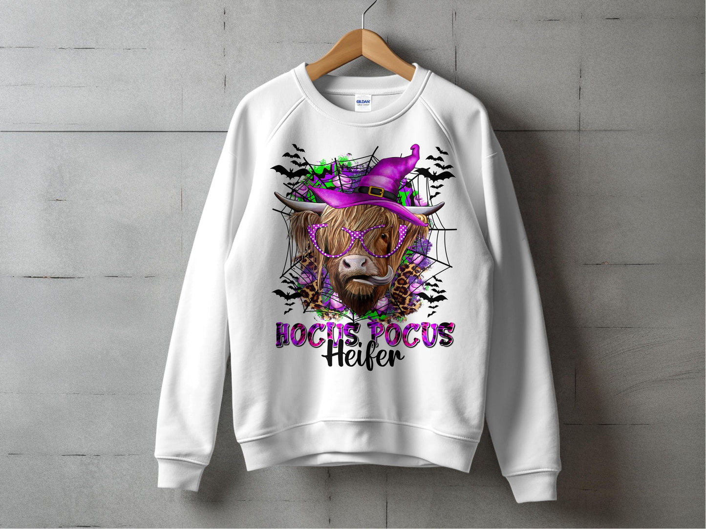 Hocus Pocus Halloween Sweatshirt, Highland Cow Graphic, Witch Hat, Unisex Autumn Pullover, Festive Fall Apparel, Spooky Fun Casual Wear
