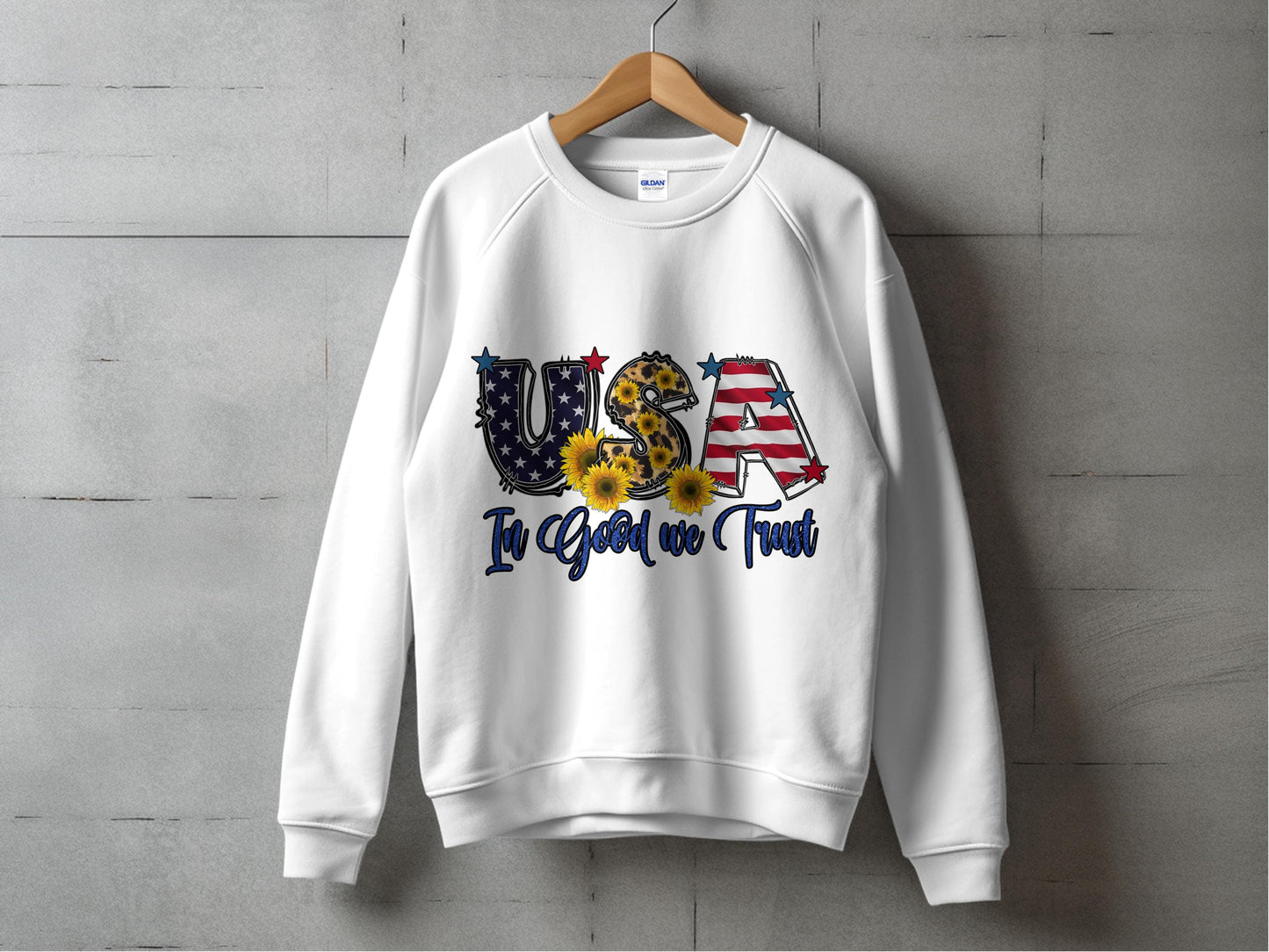USA Patriotic Sweatshirt, American Flag Letters, Sunflower Graphic, Unisex Crewneck, In God We Trust Pullover