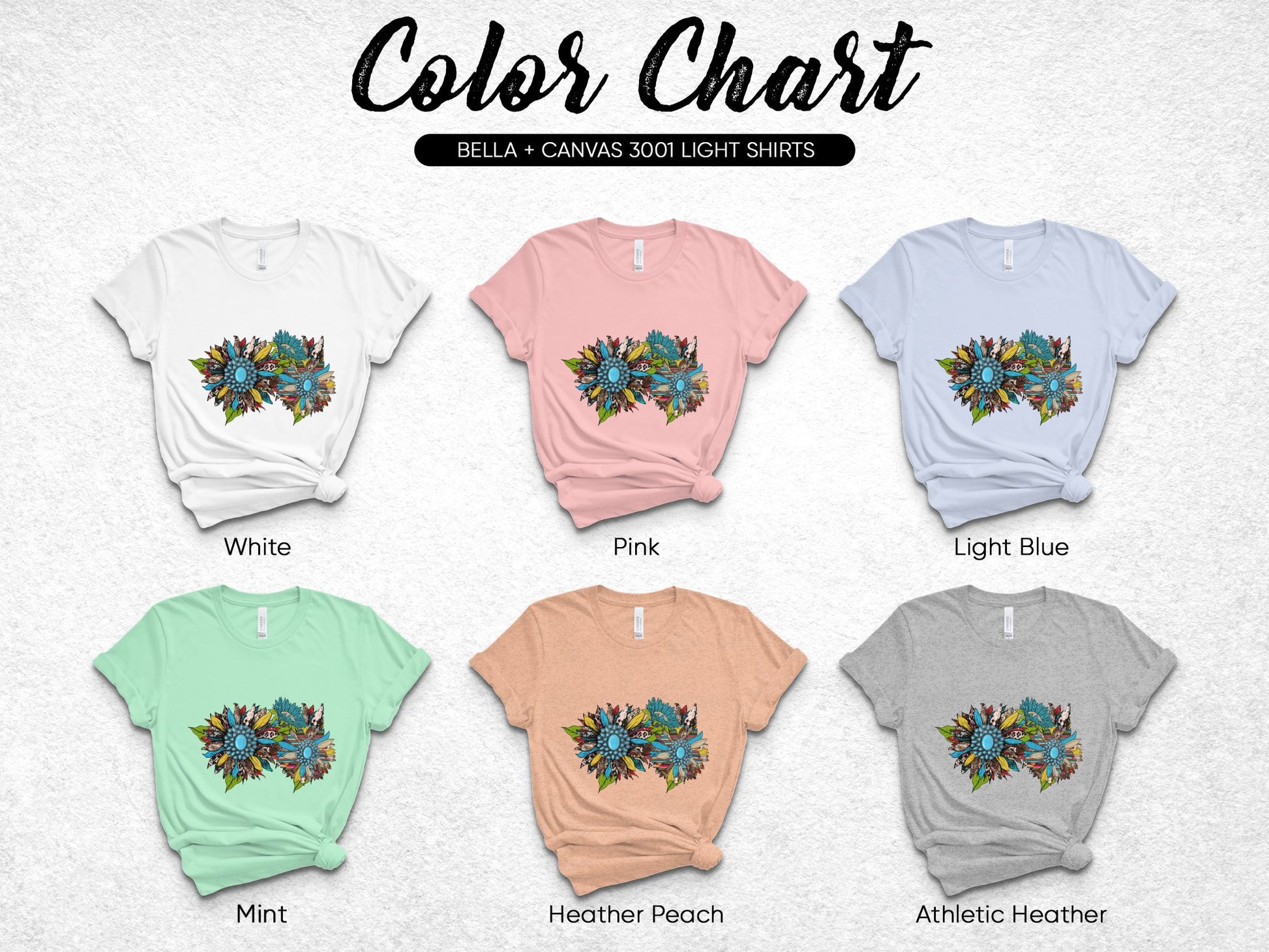 Bella Canvas 3001 Light Shirts, Color Chart T-Shirt, Floral Mandala Design, Multiple Colors, Unisex Fashion Tee
