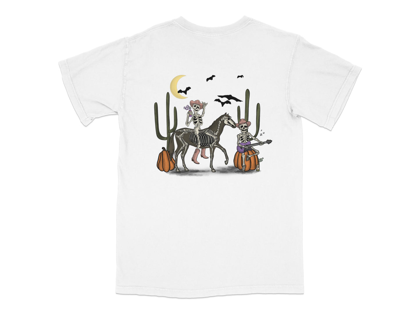Halloween Cat and Dog Riding Broomstick T-Shirt, Spooky White Tee with Cacti and Pumpkins, Unisex Graphic Shirt