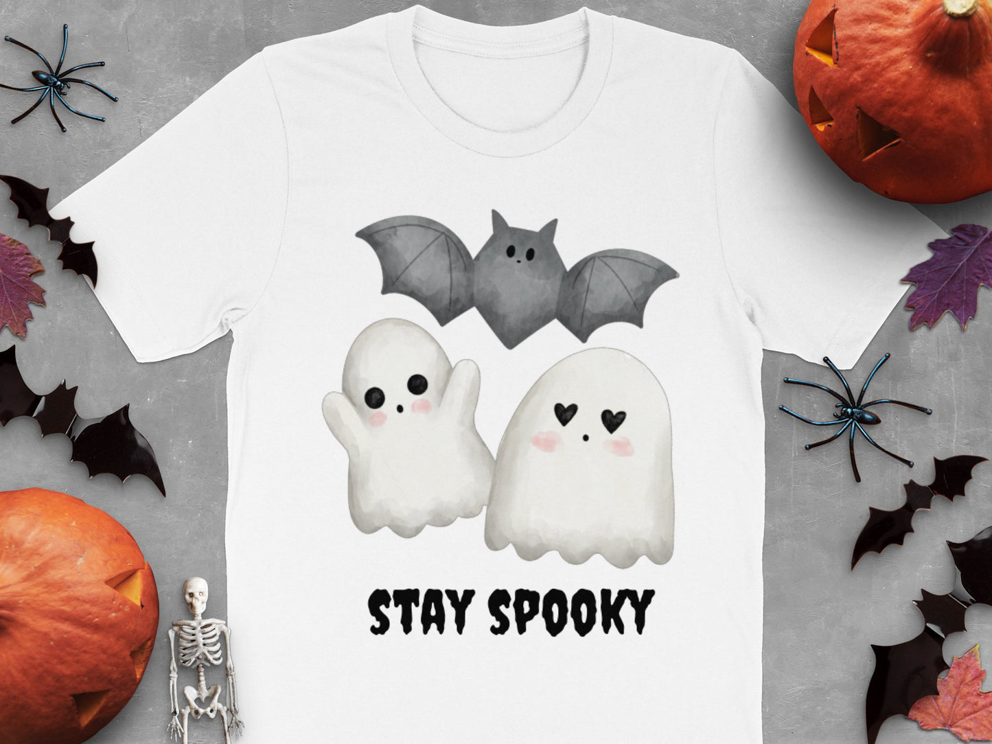 Halloween Ghost T-Shirt, Cute Stay Spooky Tee, Kawaii Bat and Ghosts, Unisex Halloween Apparel, October Fall Fashion, Gift Idea