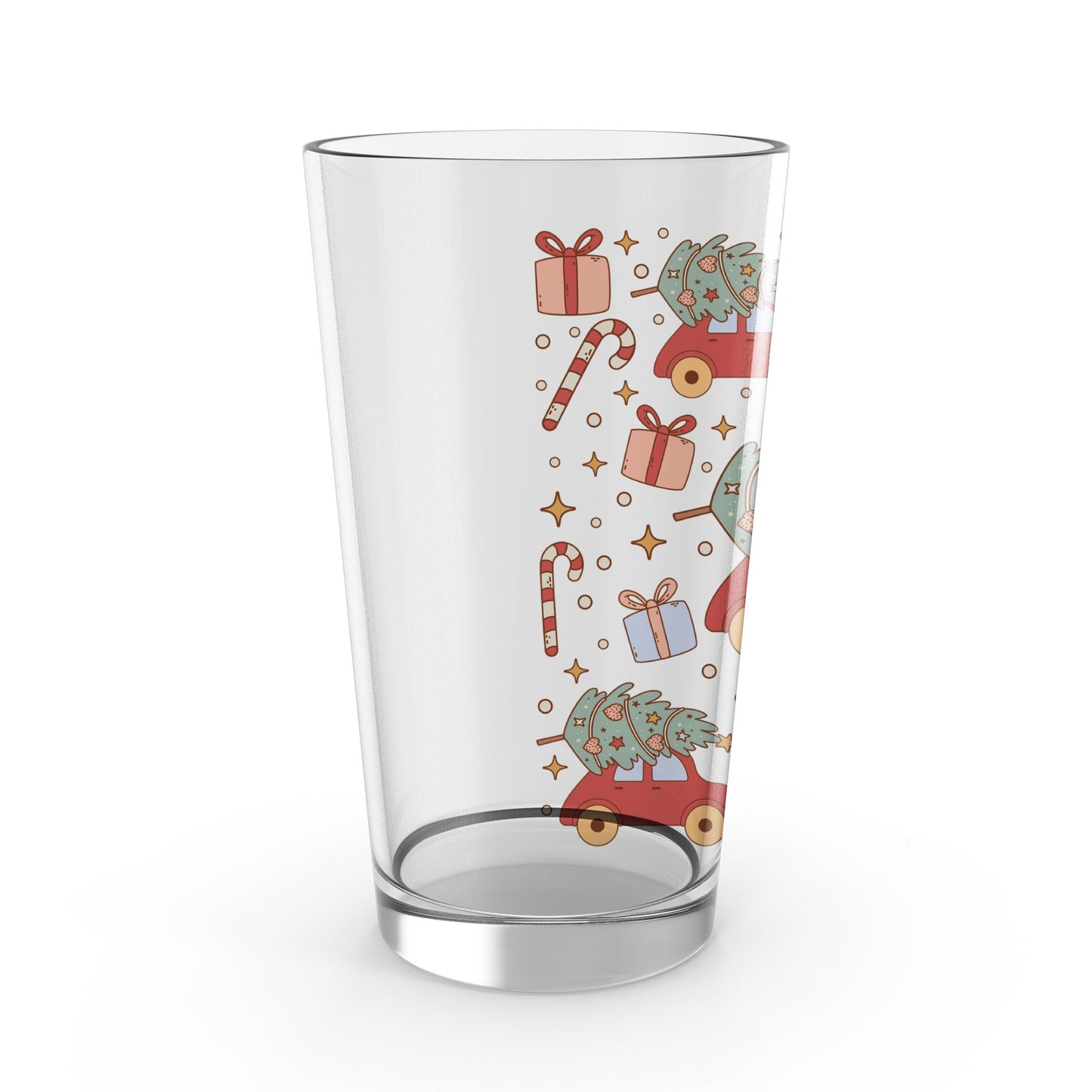 Holiday Themed Glass Tumbler, Christmas Gifts and Tree Print, Festive Drinkware, Seasonal Home Decor