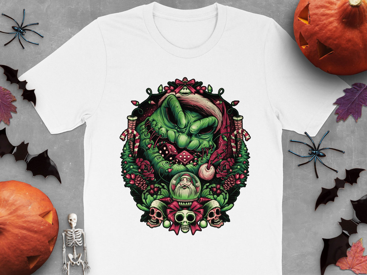 Gothic Halloween T-Shirt, Spooky Green Monster and Skulls Graphic Tee, Unisex Horror Apparel, Unique October Fashion Gift
