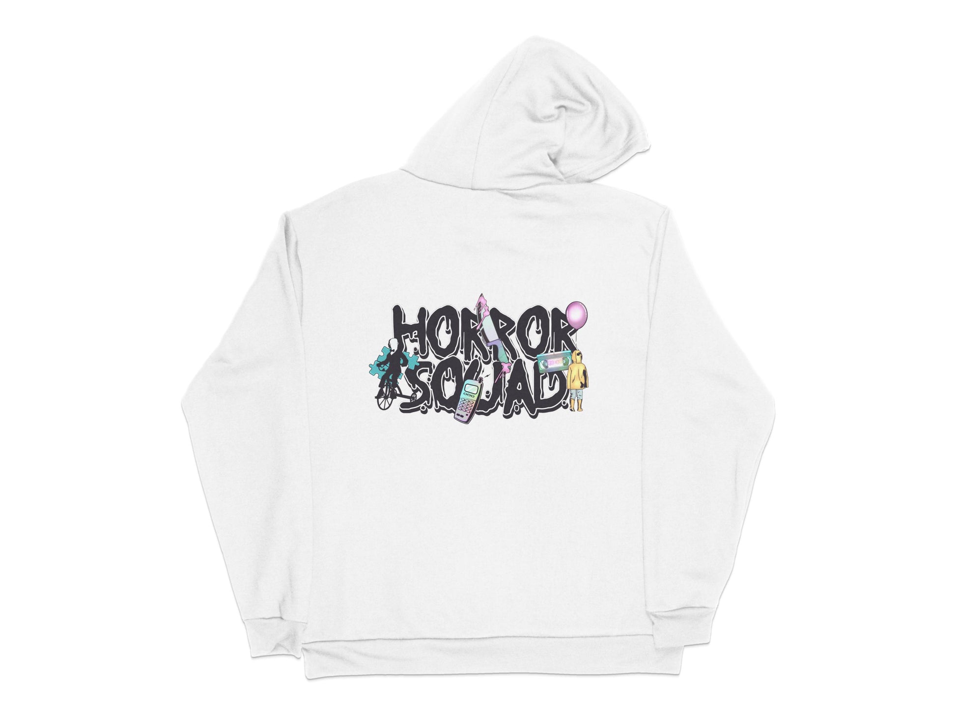 Horror Squad Graphic Hoodie, Trendy White Pullover with Colorful Cartoon Print, Unisex Casual Sweatshirt