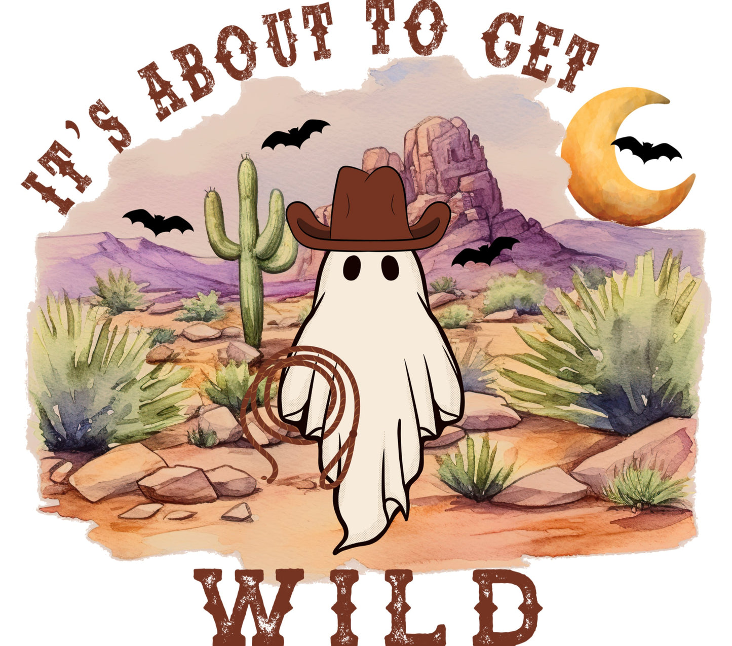 Halloween Ghost Cowboy Print, Desert Cactus Moon Bats Illustration Wall Art