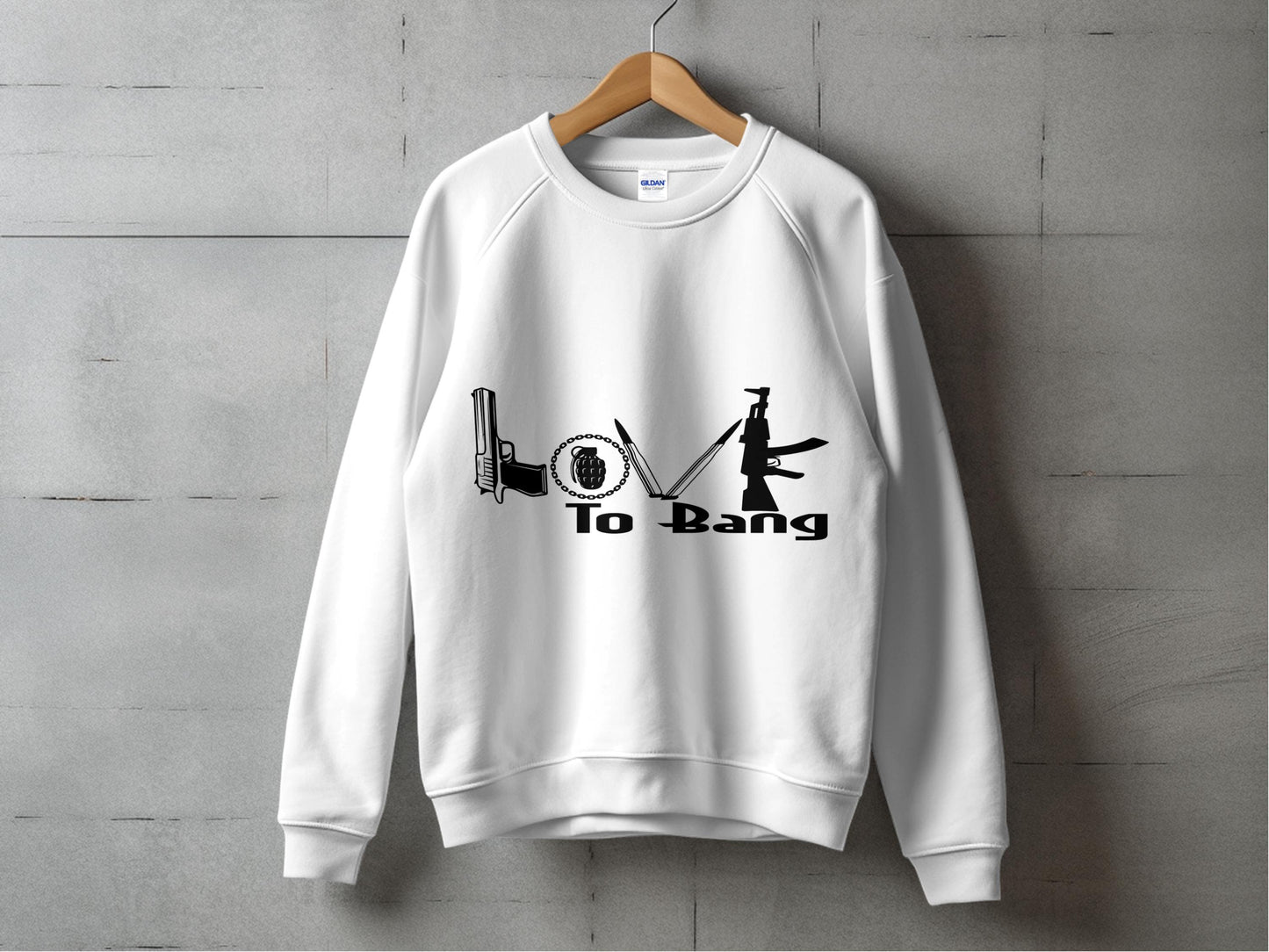 White Sweatshirt with Gym Weights Graphic, 'Go To Bang' Casual Unisex Pullover, Fitness Apparel