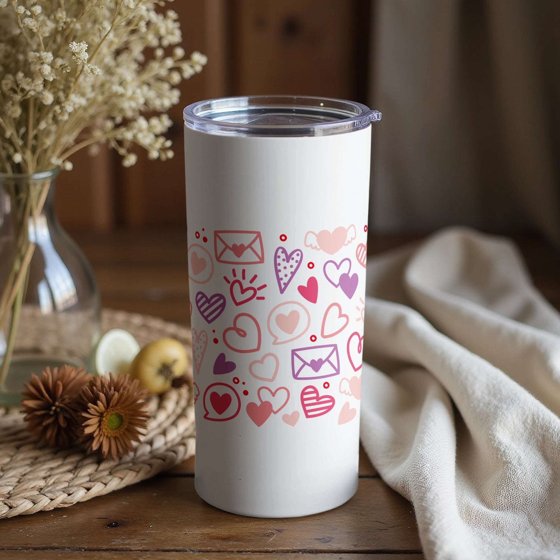 Valentine's Day Tumbler, White Insulated Cup with Pink Hearts and Love Motifs, Perfect Gift for Her