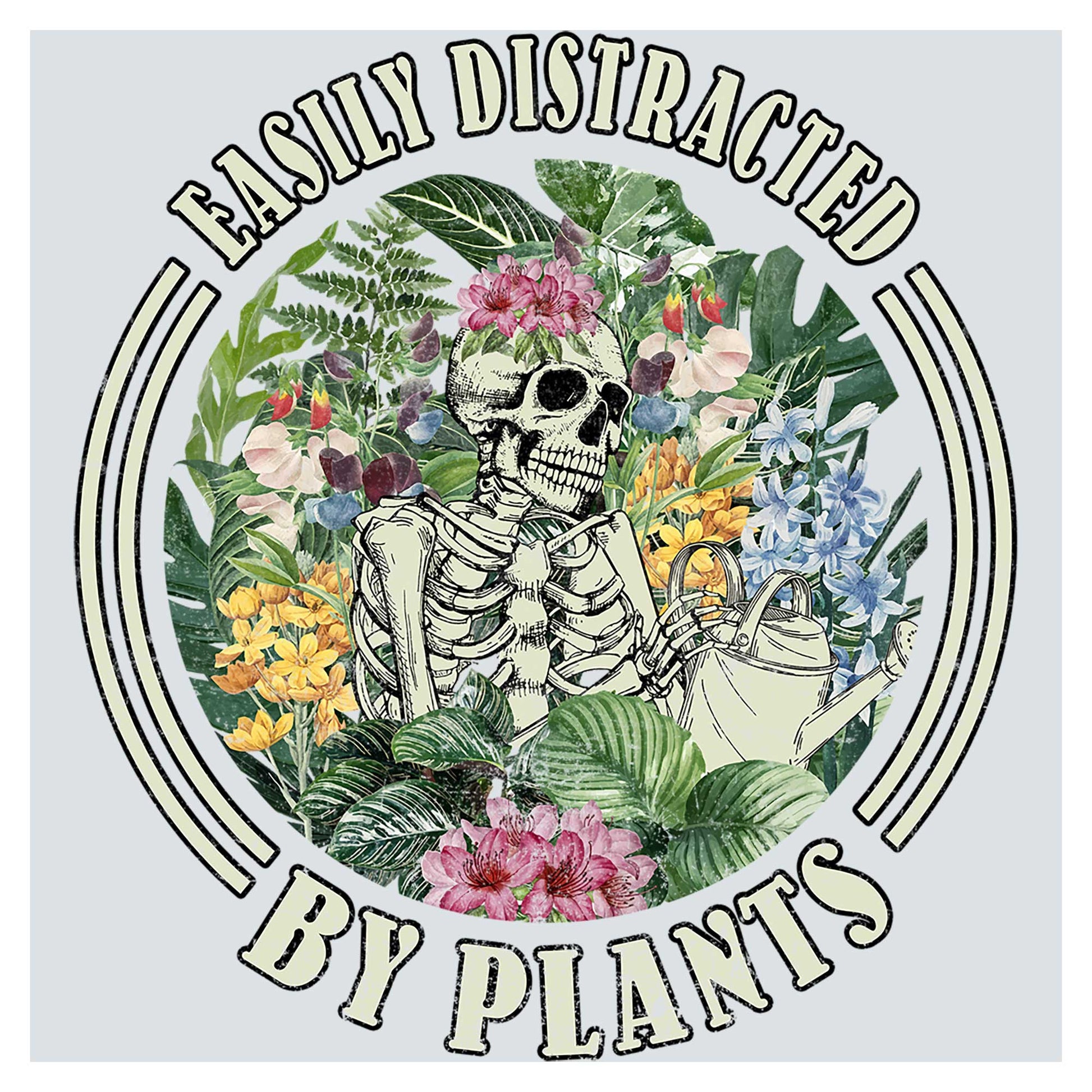 a skeleton holding a watering can surrounded by flowers