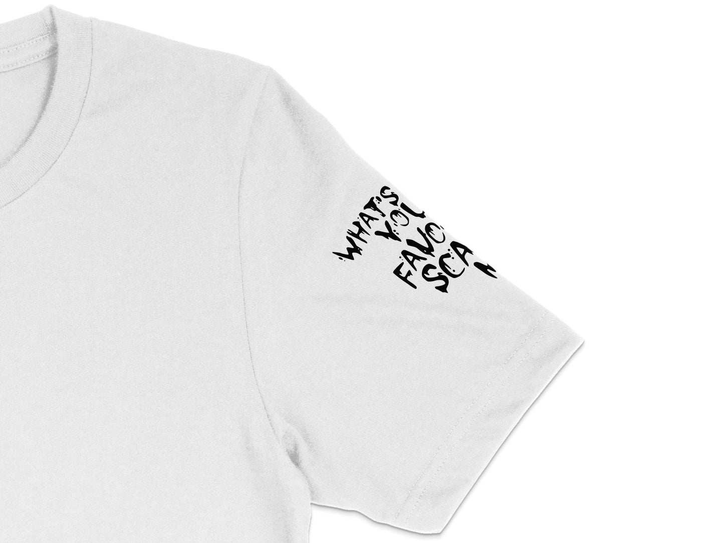 White Graphic T-Shirt What's Your Favorite Scary Movie Slogan Tee Unisex Casual Top