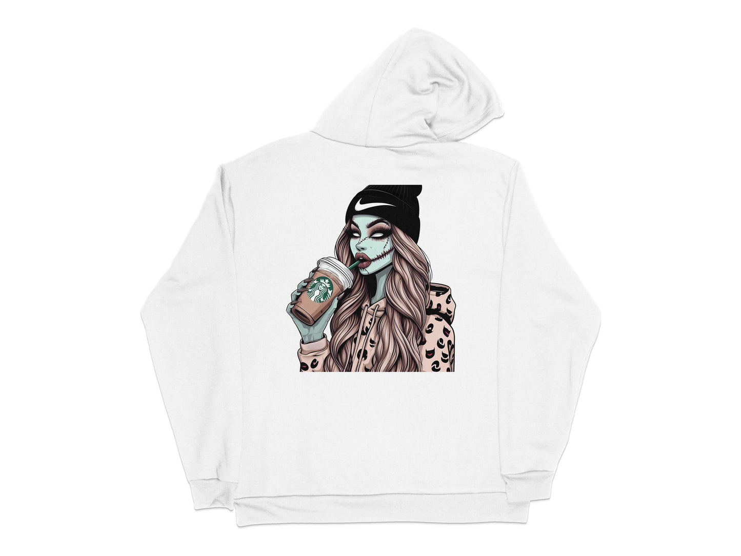 Trendy Hoodie with Graphic Print of Woman Drinking Coffee, Stylish Casual Wear