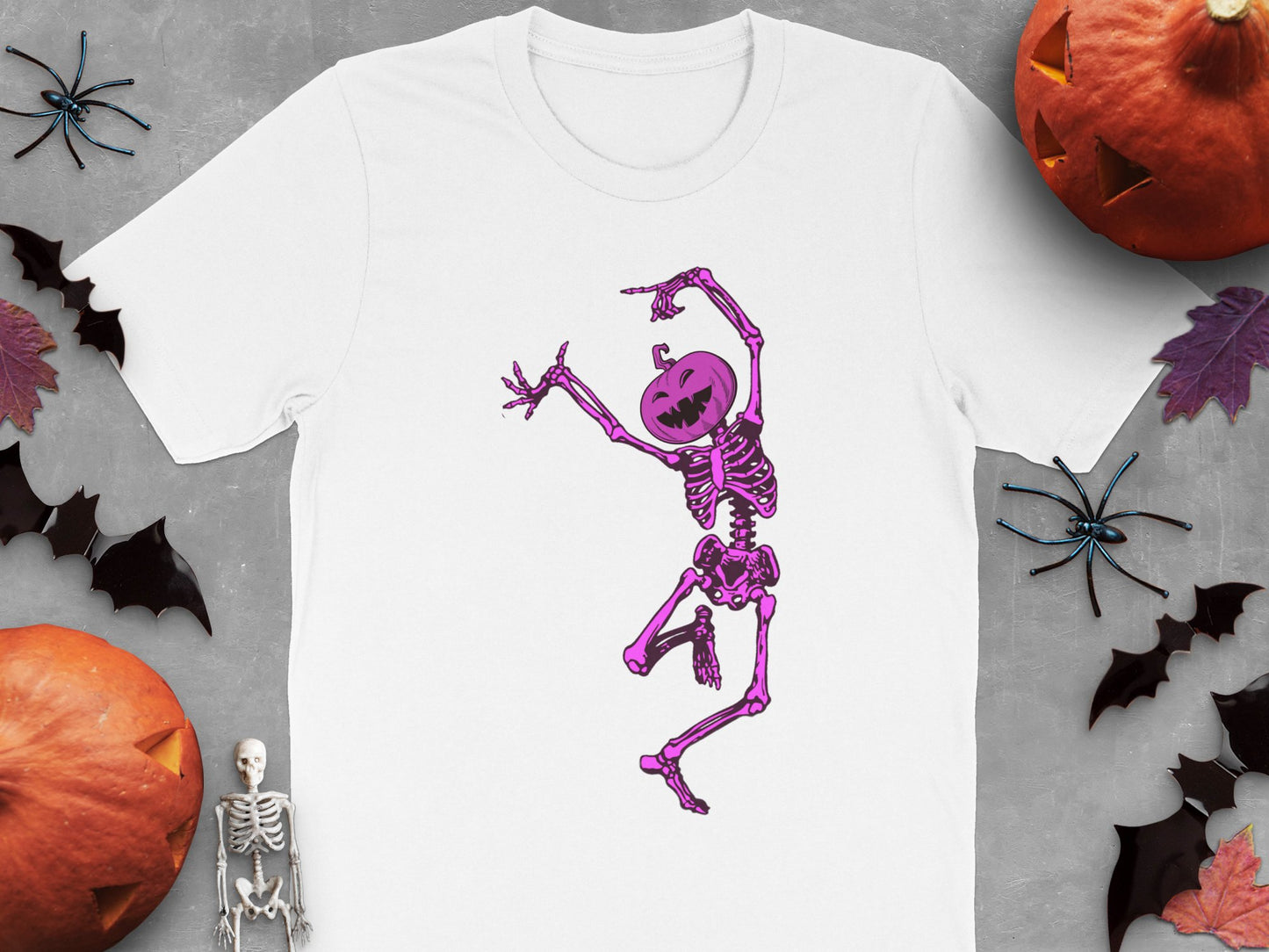 Halloween Skeleton T-Shirt, Spooky Pumpkin Head Graphic Tee, Metallic Pink Skeleton, Unisex Fall Fashion Shirt