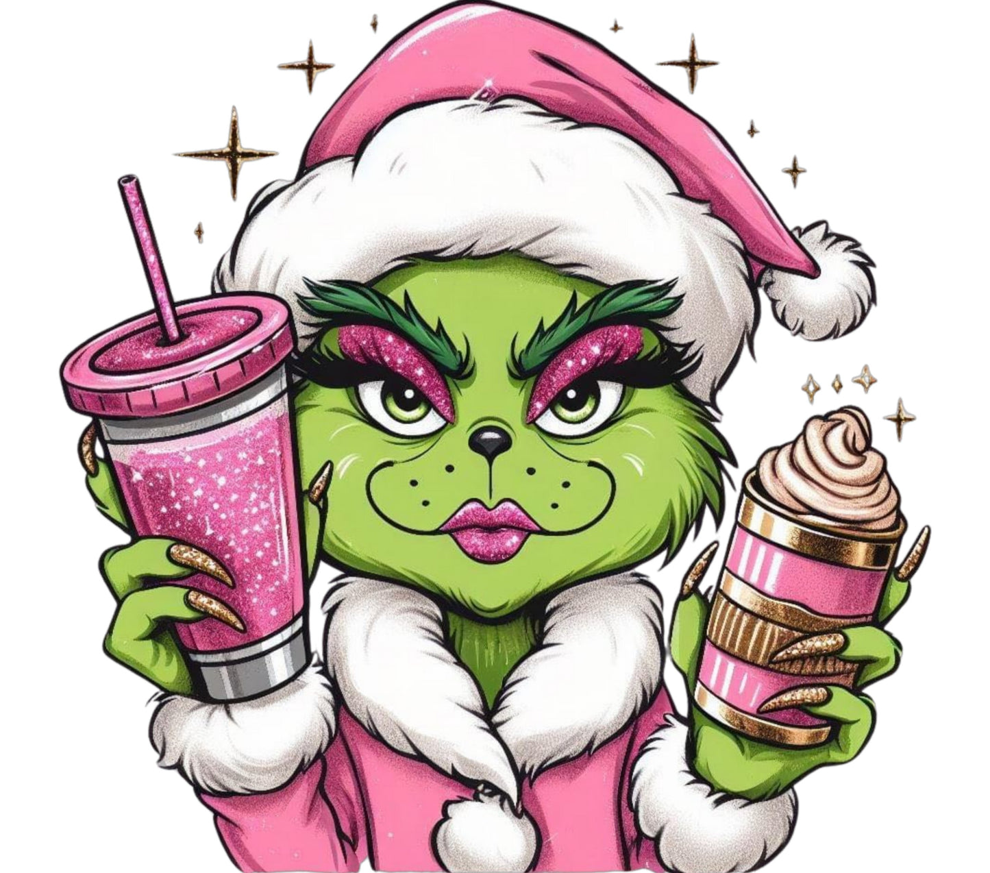 Christmas Grinch Cartoon Character Holding Drinks, Festive Holiday Digital Art Print