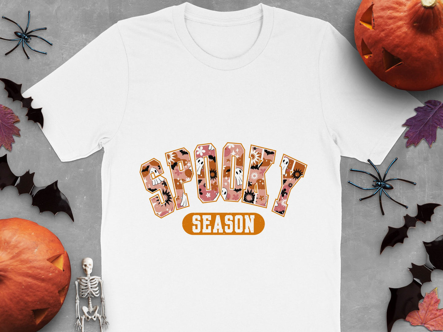 Spooky Season Halloween T-Shirt, White Graphic Tee, Skeleton and Pumpkins, Autumn Festive Apparel, October Fashion, Unisex