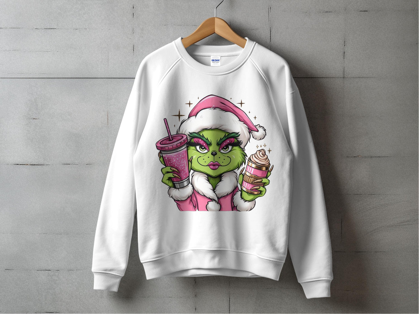 Christmas Grinch Sweatshirt, Funky Illustration Holiday Crewneck, White Unisex Winter Apparel, Unique Cartoon Character Pullover