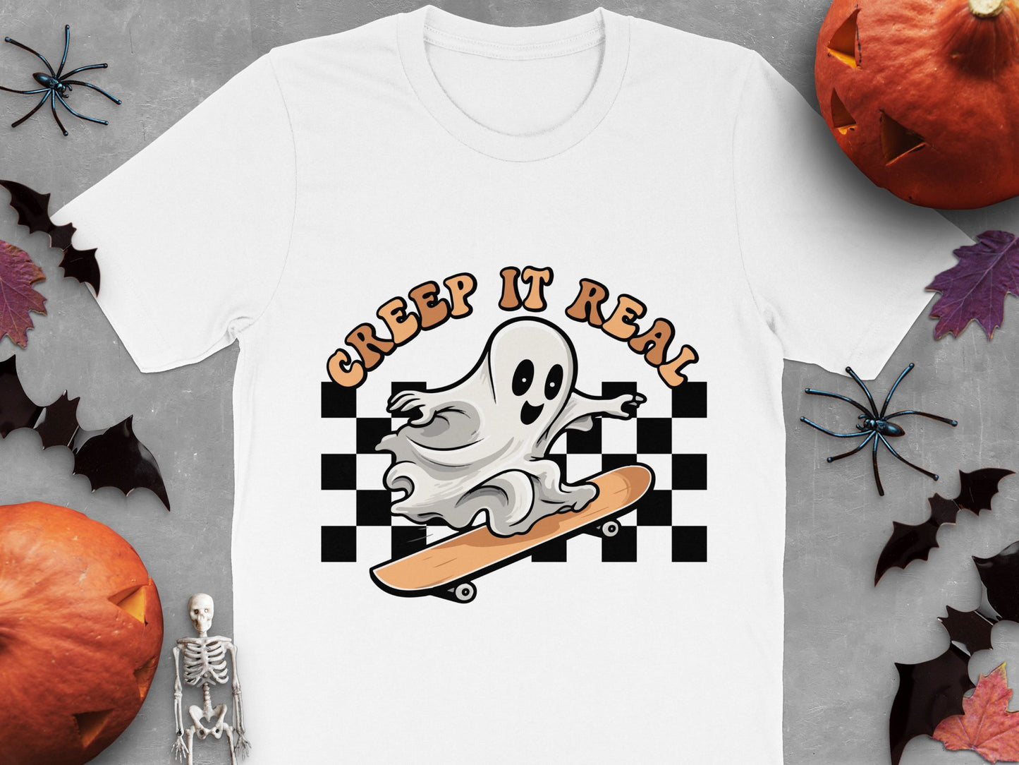 Halloween Ghost Skateboard T-Shirt, Creep It Real Funny Graphic Tee, Checkered Pattern, Spooky Season Apparel