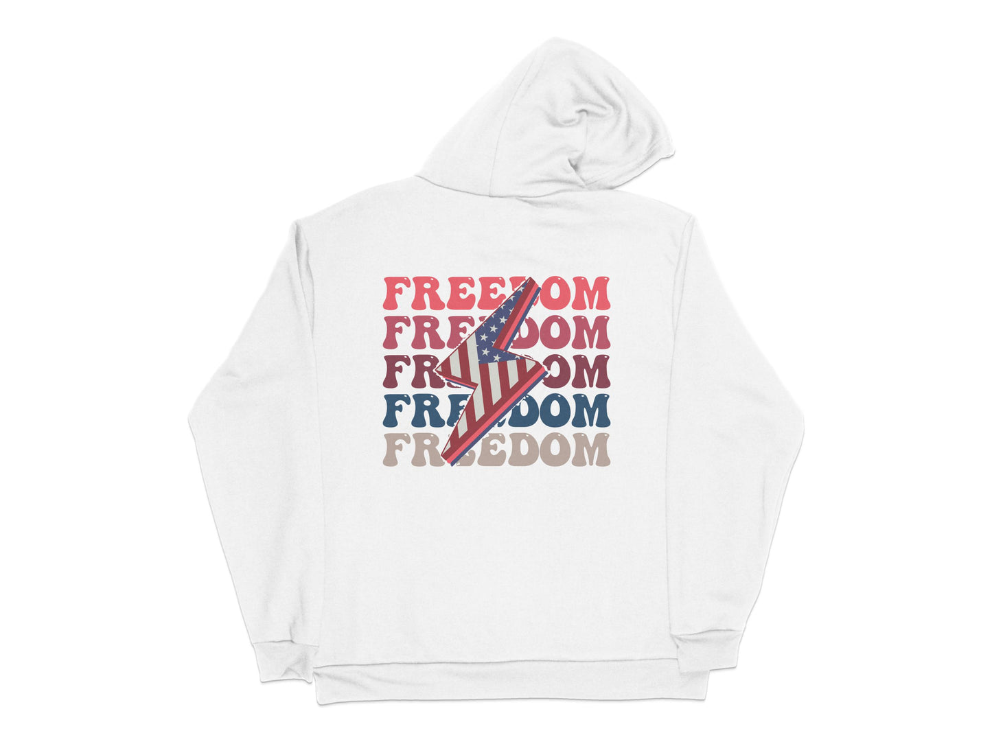 Freedom Graphic Hoodie, Bold Red Text Design, Unisex White Sweatshirt, Casual Streetwear Style