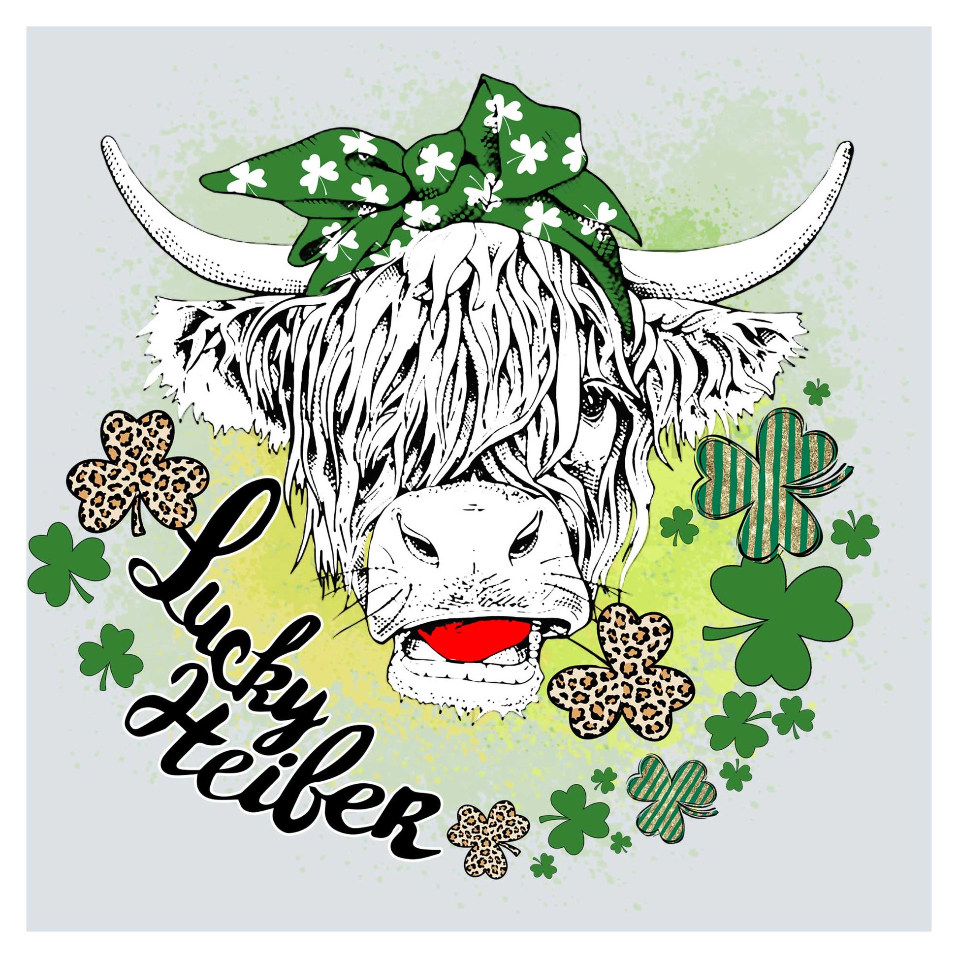 a cow wearing a green hat with shamrocks around it