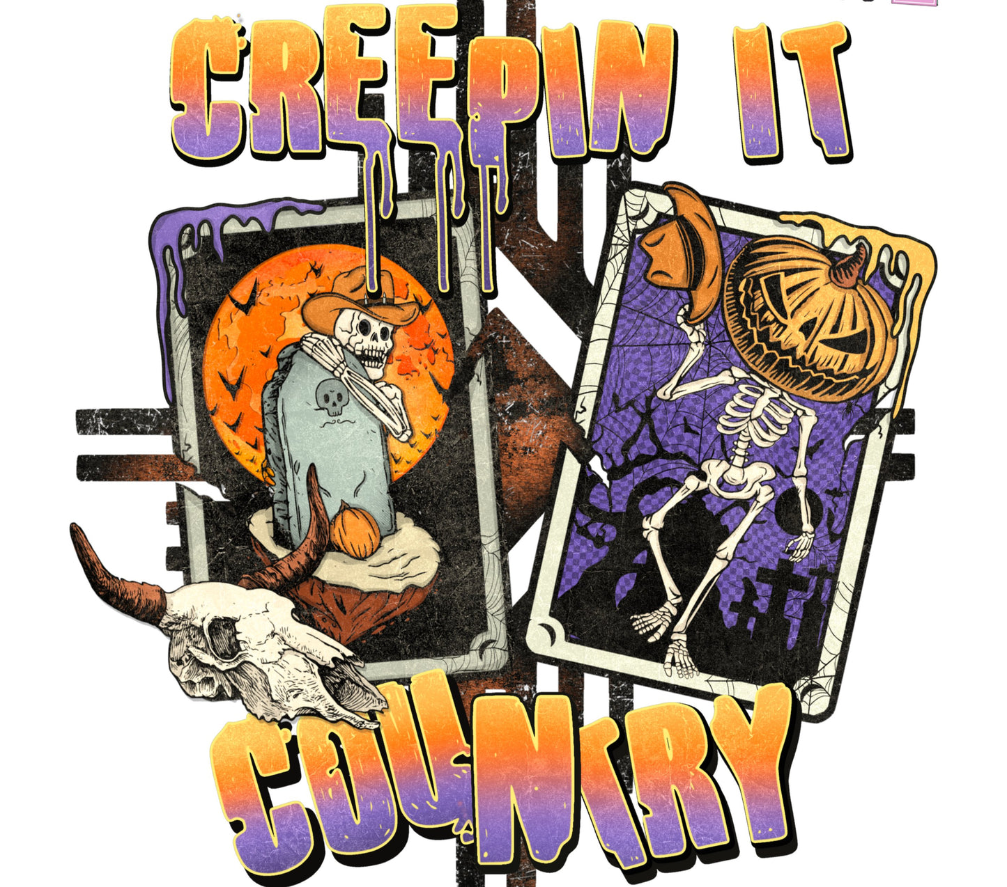 Creepin It Country Halloween Graphic Tee, Pumpkin, Skeleton, Skull Design, Vintage Style T-Shirt