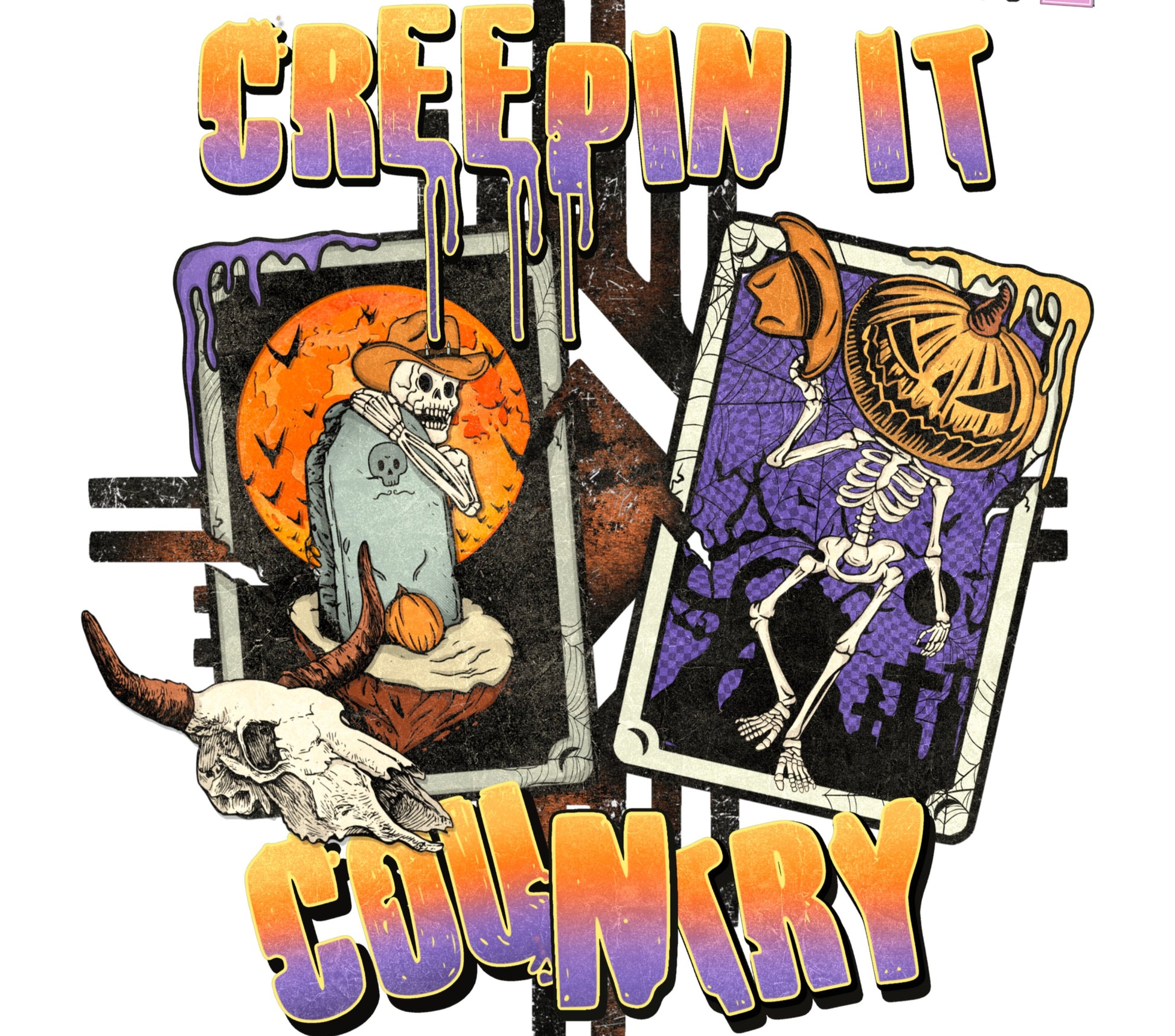 Creepin It Country Halloween Graphic Tee, Pumpkin, Skeleton, Skull Design, Vintage Style T-Shirt