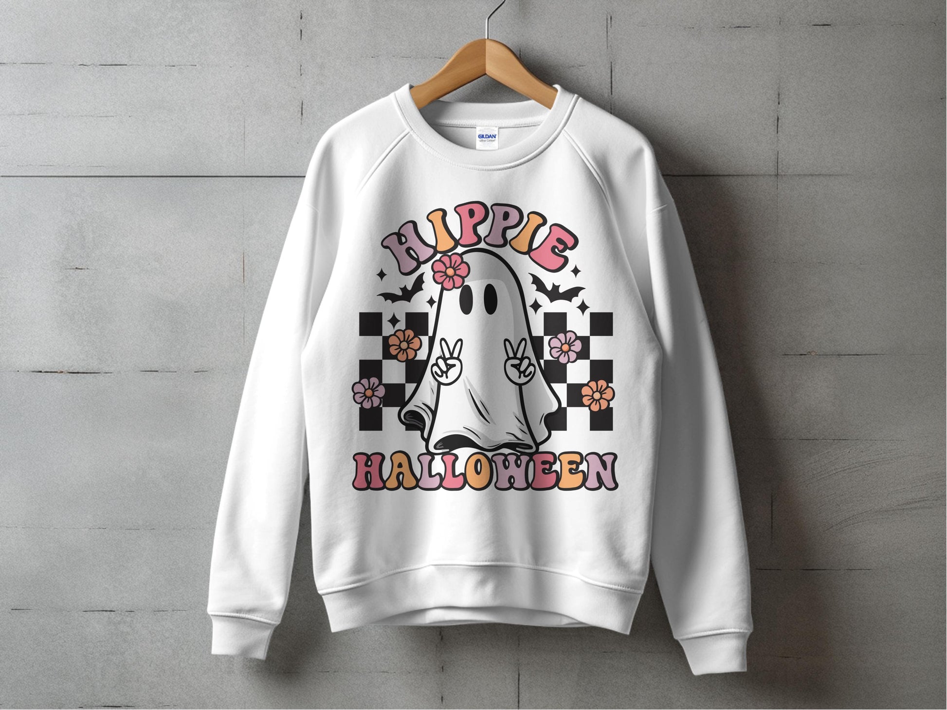 Hippie Halloween Ghost Sweater, Retro Vintage Floral Peace Design, Casual Fall Fashion, Unisex Crewneck Pullover