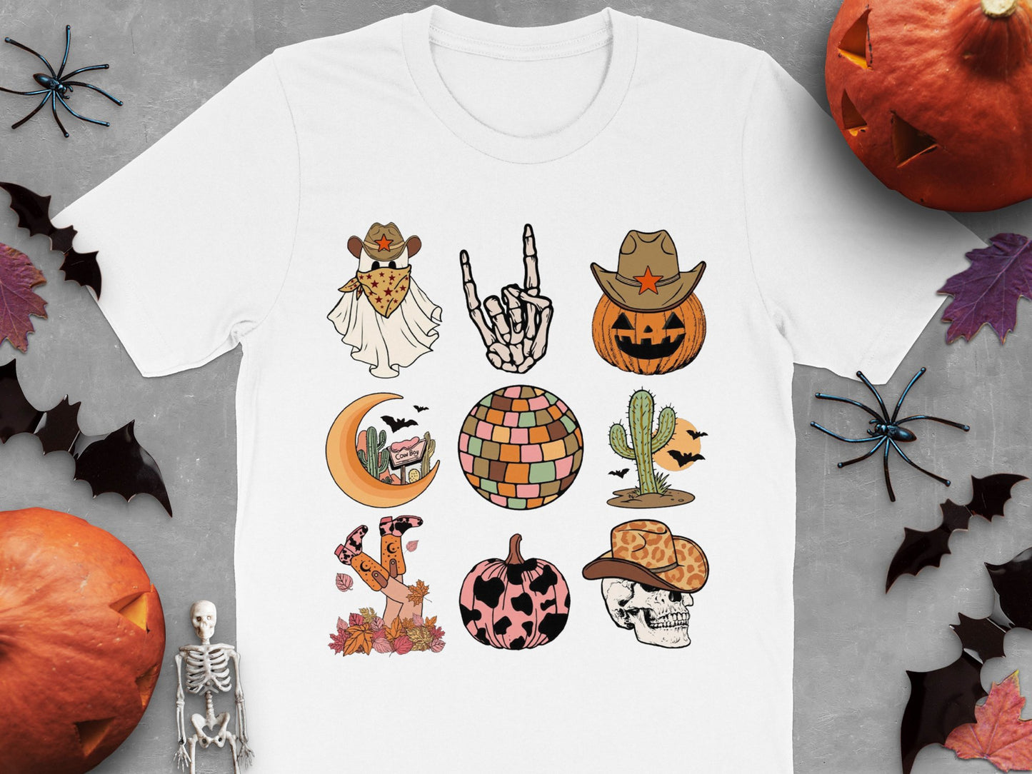 Halloween Themed T-Shirt, Spooky Designs, Cactus, Pumpkin, Disco Ball, Skeleton