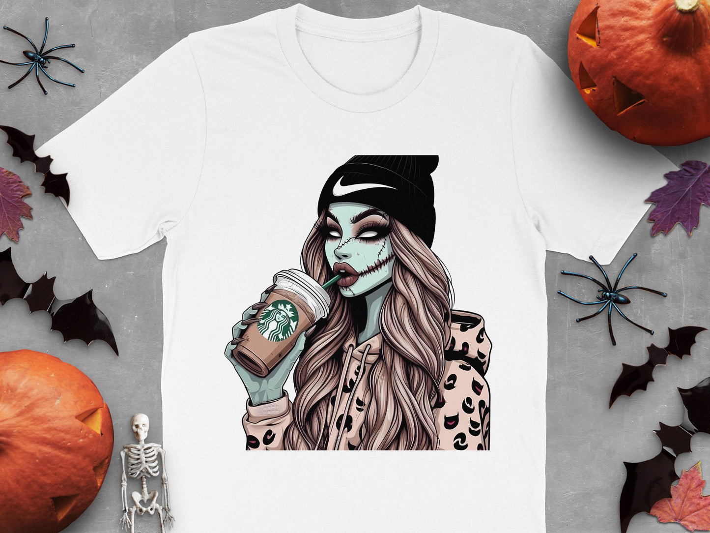 Halloween Zombie Girl Graphic T-Shirt, Spooky Coffee Lover Tee, Autumn Skeleton Pumpkins Design, Casual Fall Fashion Top
