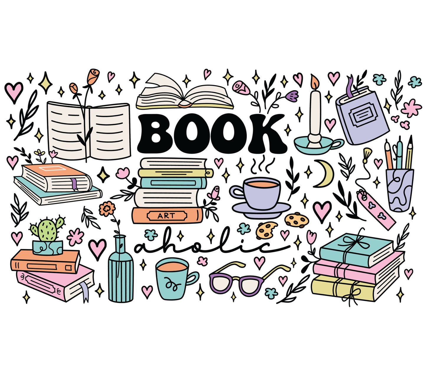 Bookaholic With Hearts and Books Graphics Collection UV DTF Cup Wraps | SKU: UV16051