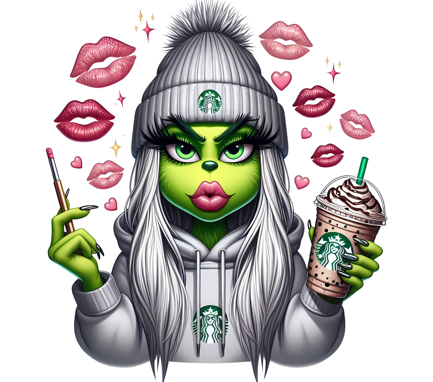 Trendy Green Monster Girl With Starbucks Coffee Art Print, Stylish Winter Hat and Makeup Design