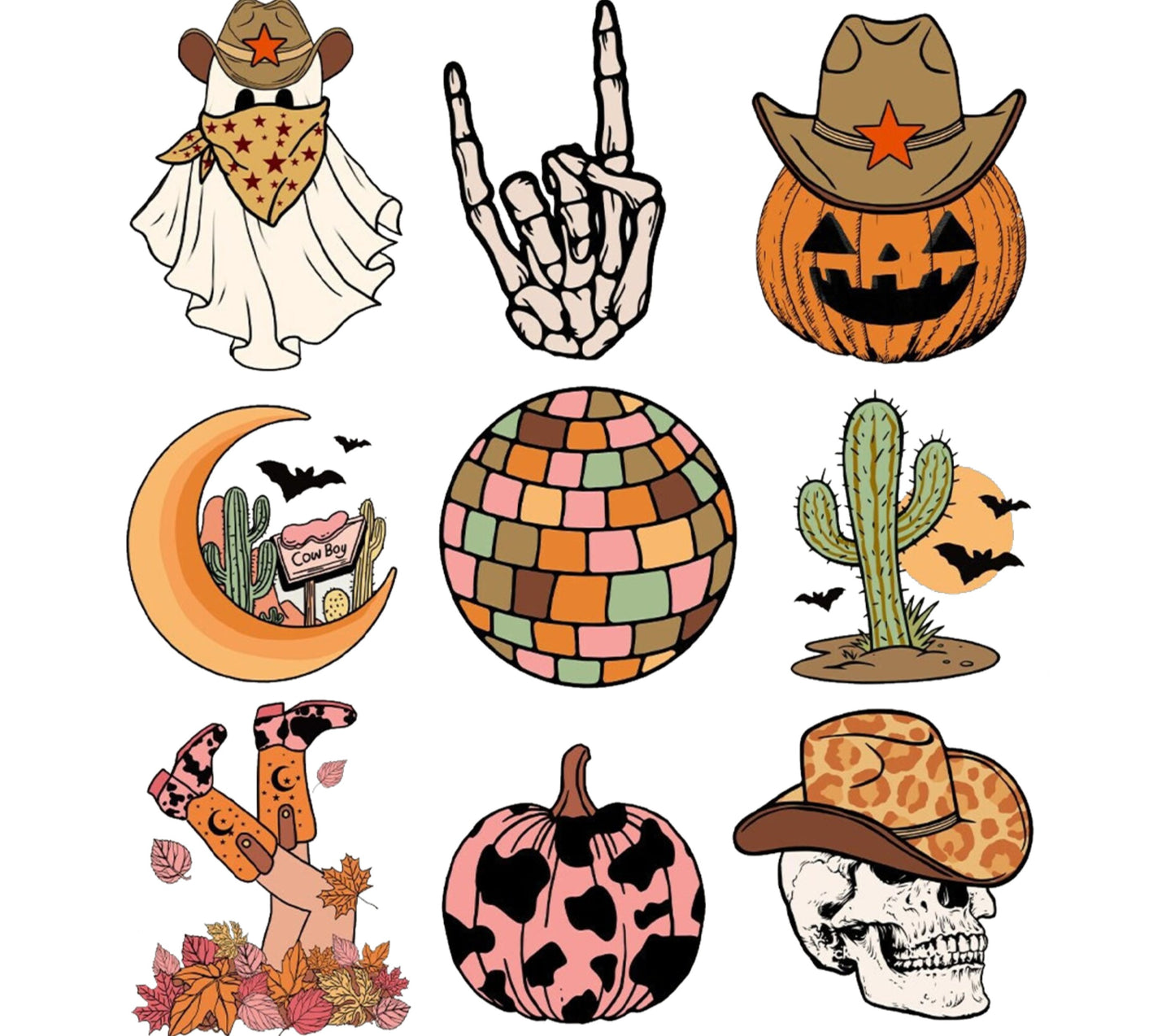 Eclectic Halloween Sticker Pack, Cowboy, Skull, Pumpkin, Disco Ball, Cactus, Moon Illustrations