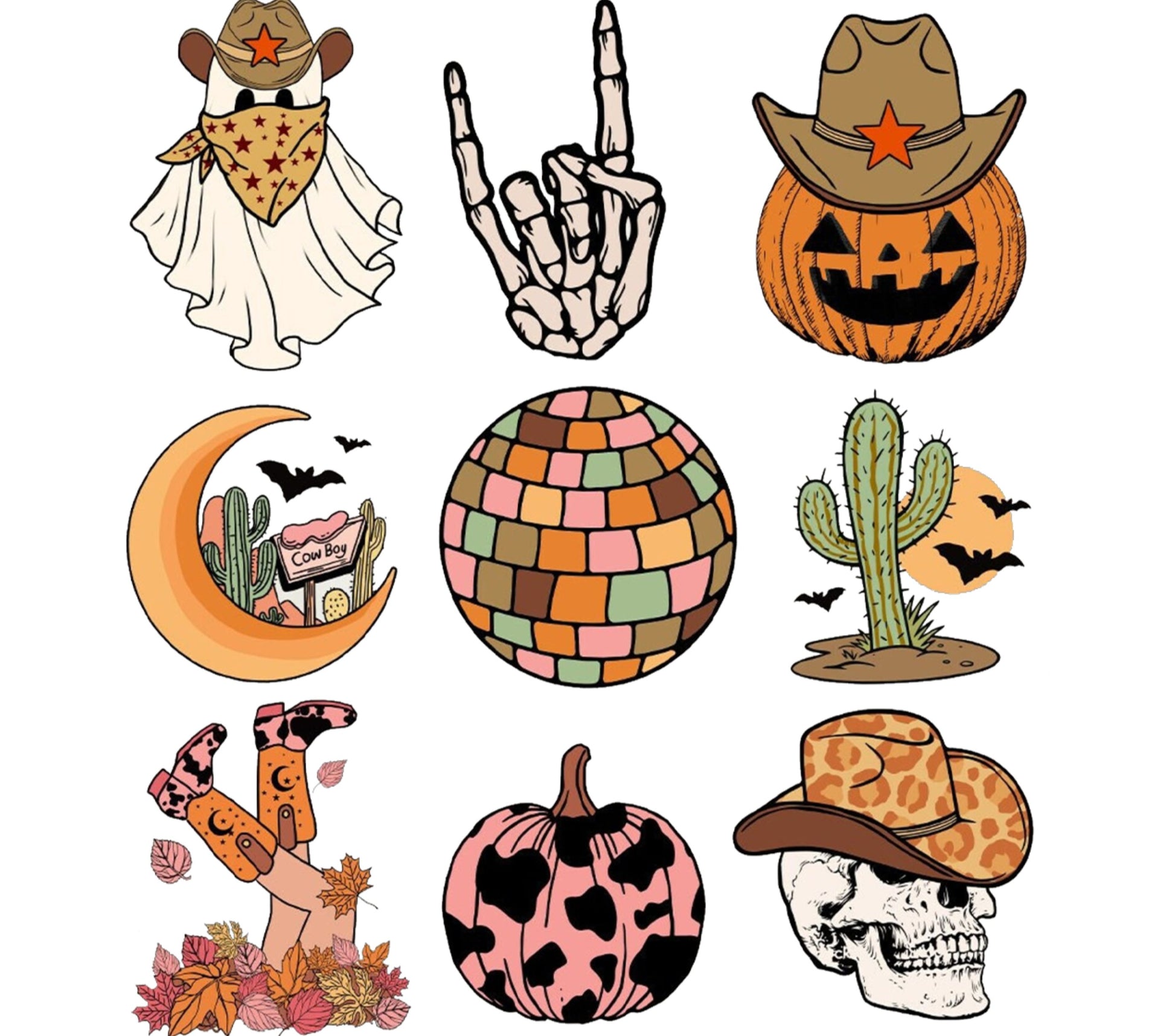 Eclectic Halloween Sticker Pack, Cowboy, Skull, Pumpkin, Disco Ball, Cactus, Moon Illustrations