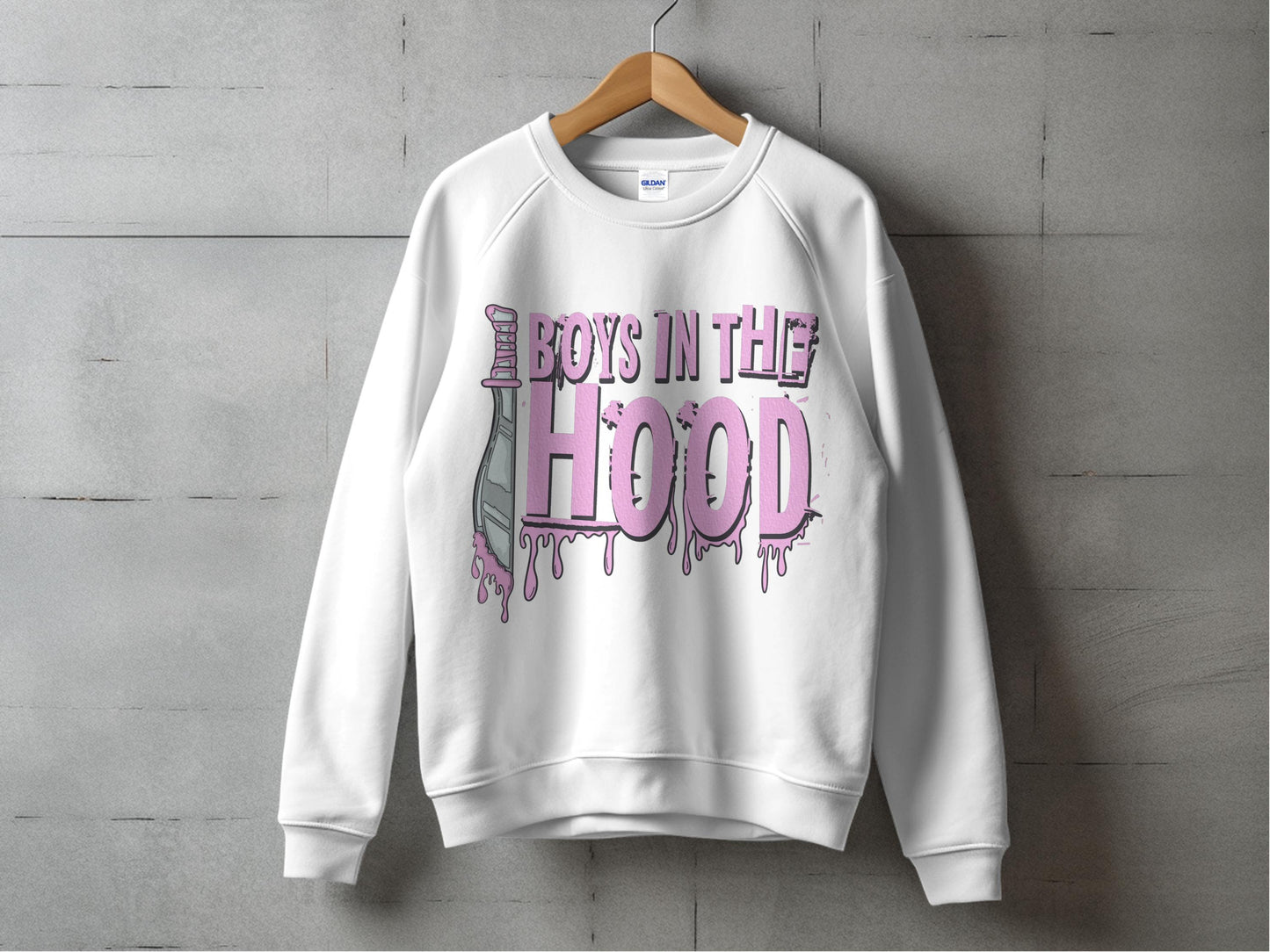 Boys in the Hood Sweatshirt, Urban Style Graphic Sweatshirt, Trendy Melting Text Design Pullover, Cool Streetwear for All