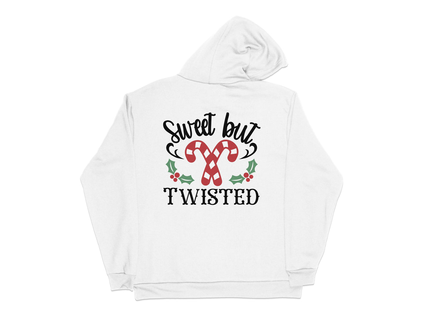 Sweet But Twisted Candy Cane Christmas Hoodie, Funny Holiday Sweatshirt, Festive Winter Apparel, Unisex White Pullover Hoodie