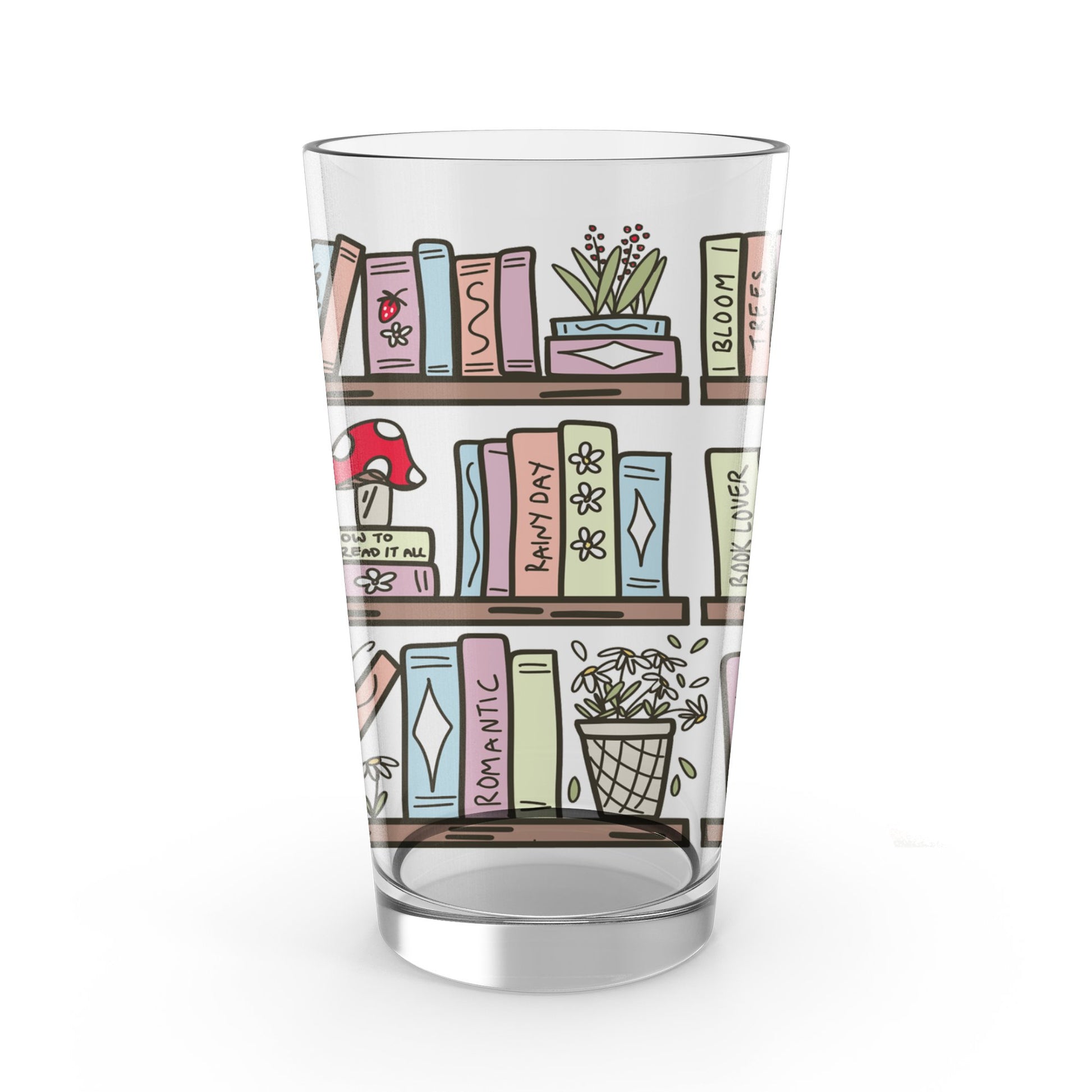 Colorful Bookshelf Design Glass Tumbler, Reading Lover Gift, Cute Illustrated Drinking Glass, Home Decor Kitchenware